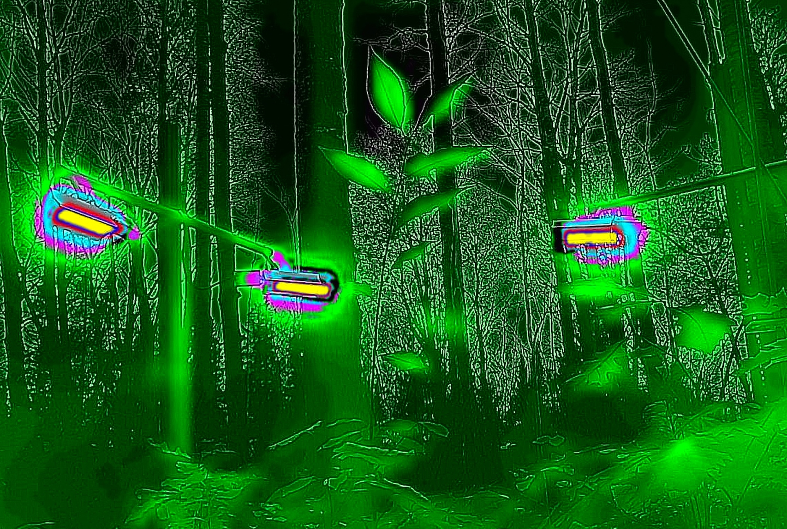 Picture of ghostly looking forest in infrared light.