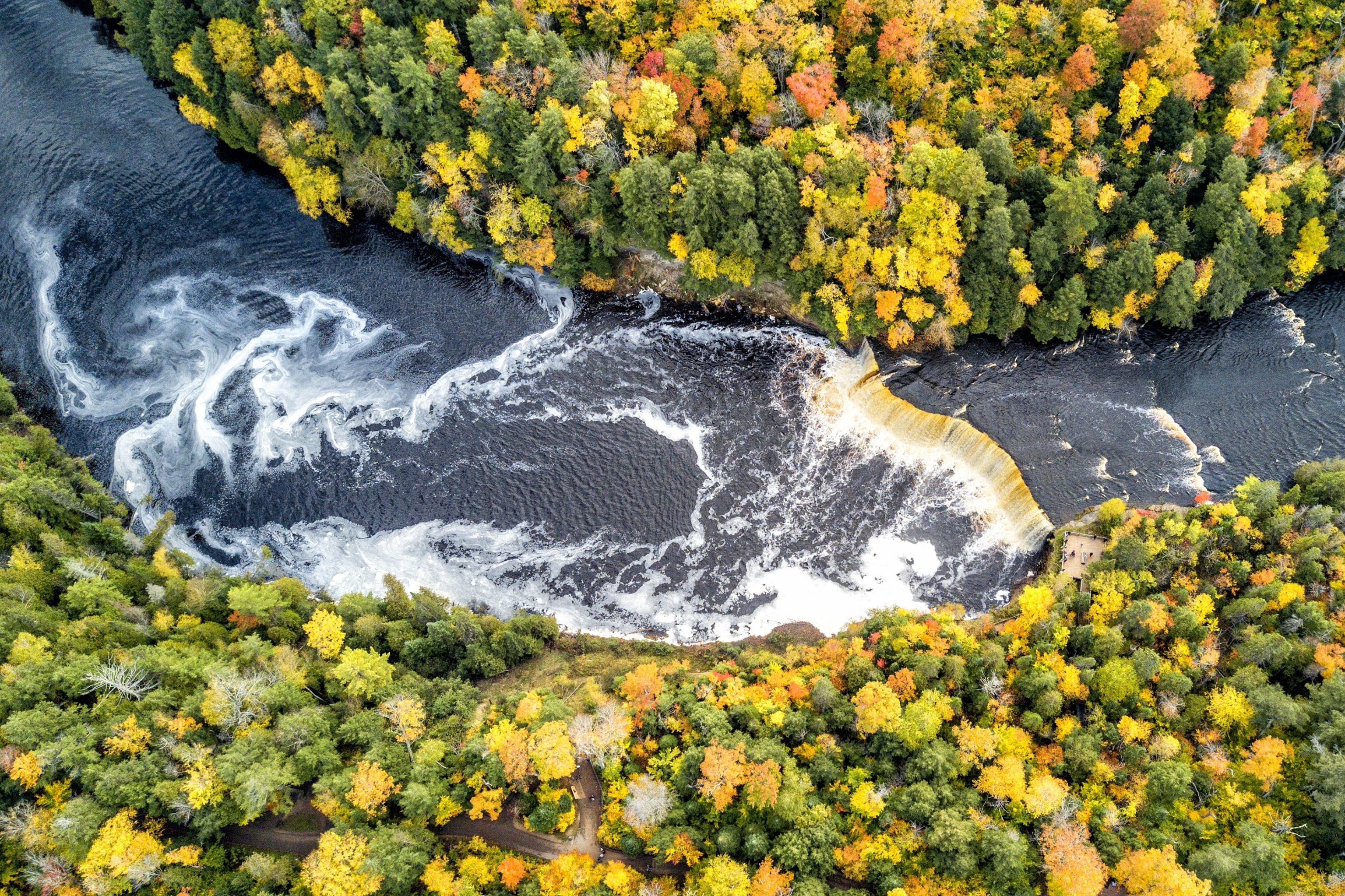 an aerial view of Tahquamenon Falls, Michigan