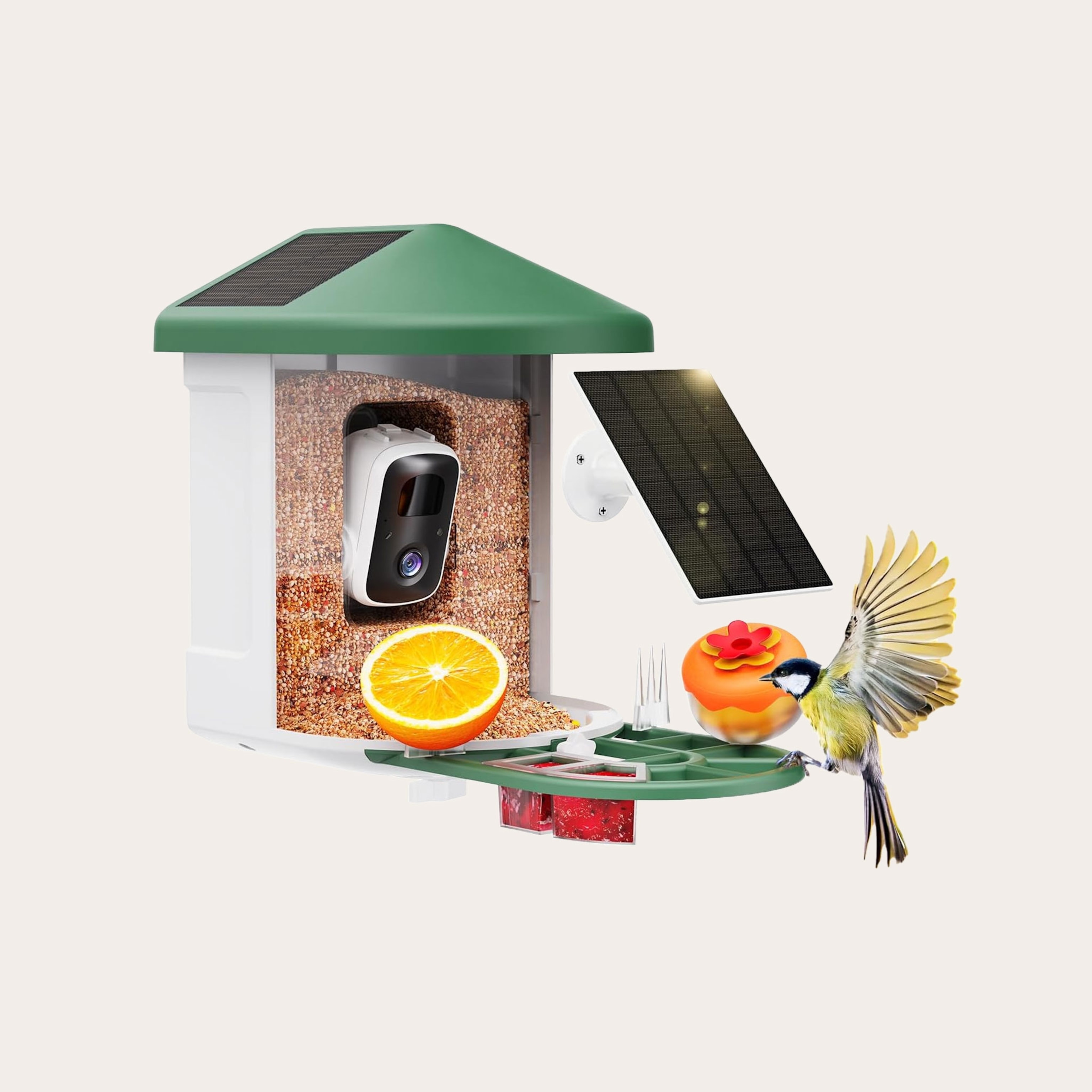Yellow and black bird flying to a green bird feeder with a built in camera surrounded by fruits and nectar. A solar panel sits in the background.