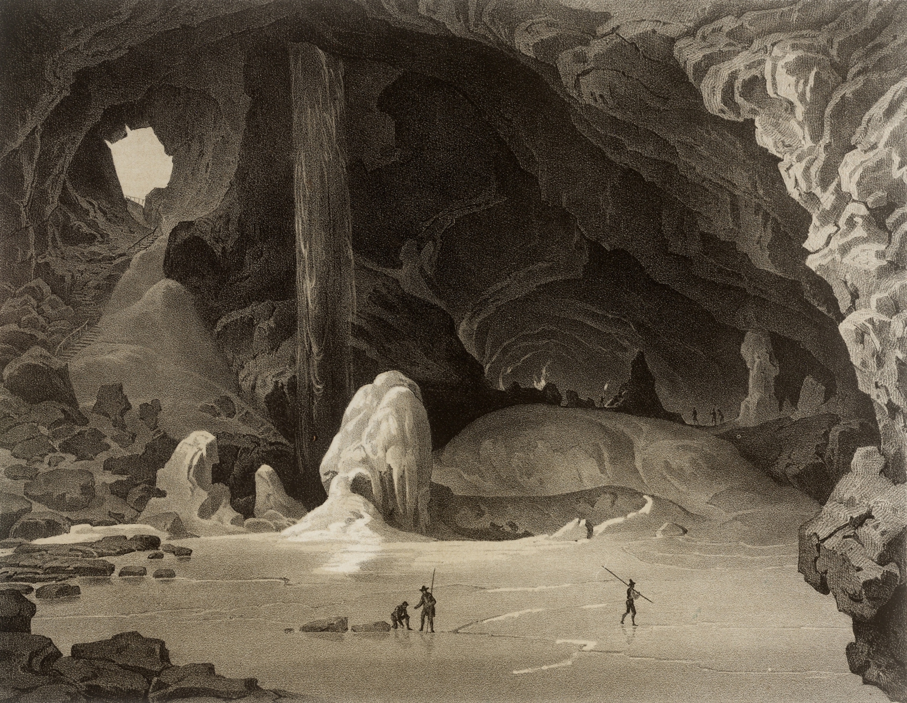 Picture of old lithograph of people in cave.