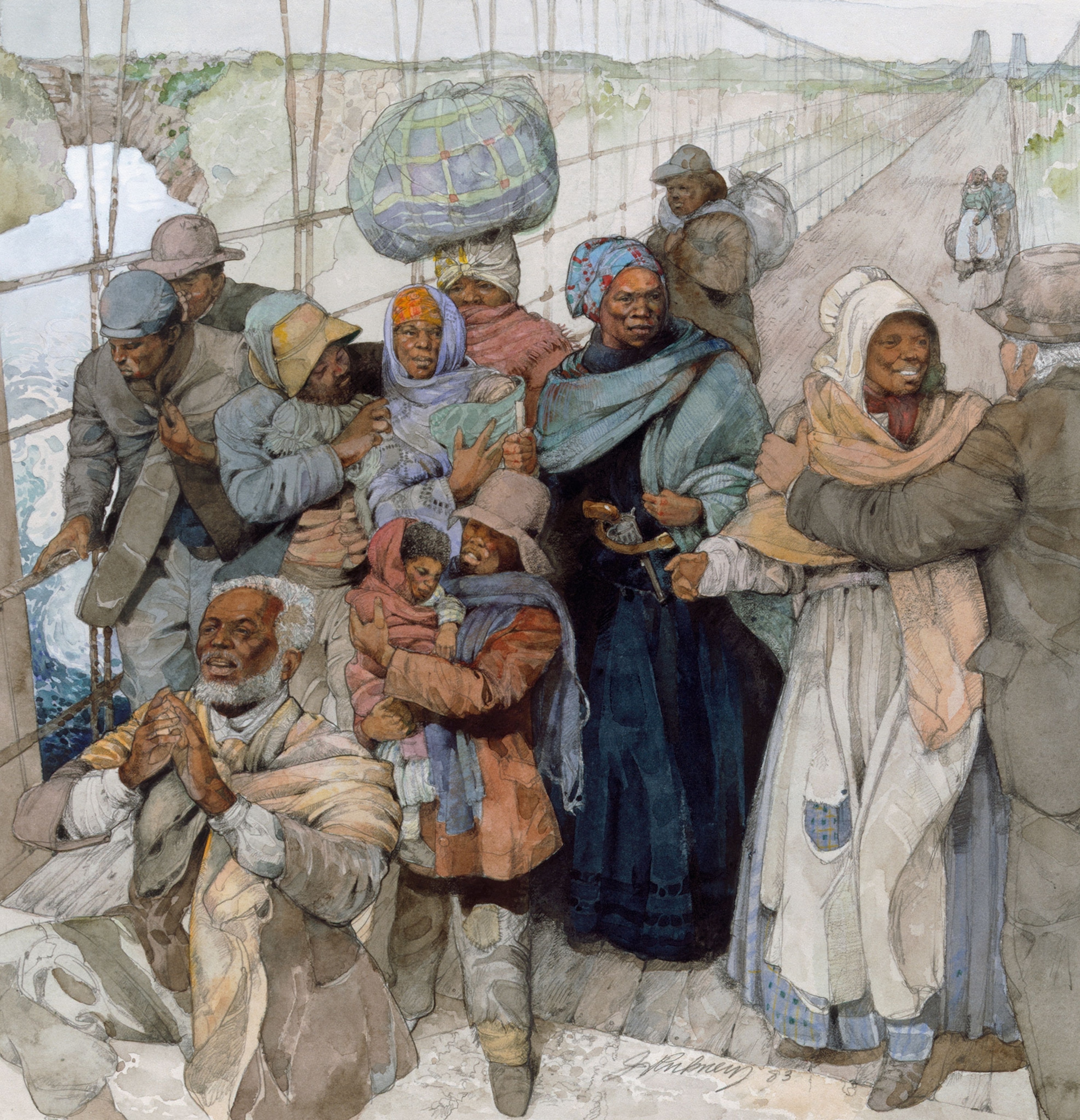 A drawing of Harriet Tubman on the underground railroad