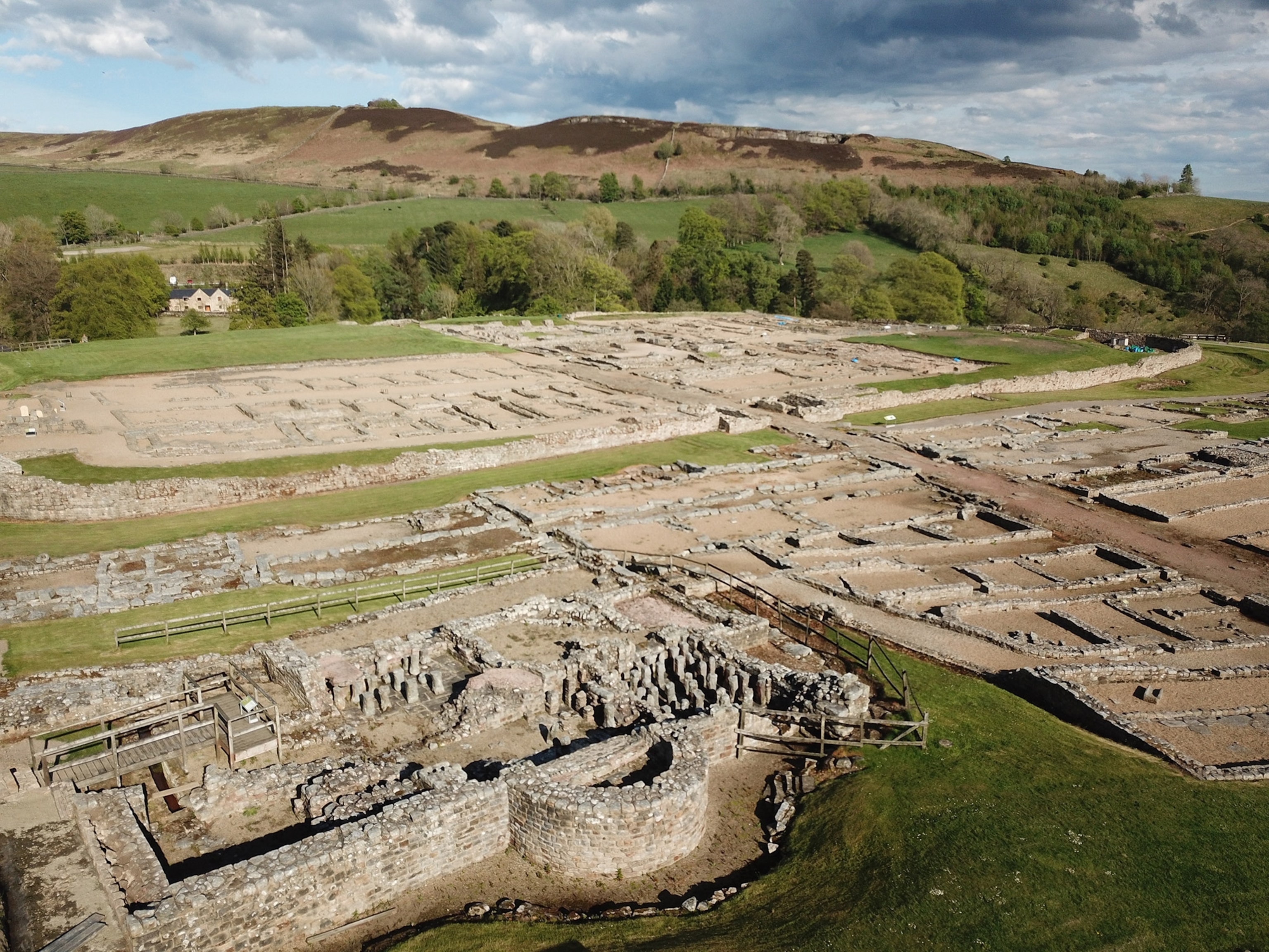 an aerial view of the Vindolanda Bathhouse ruins