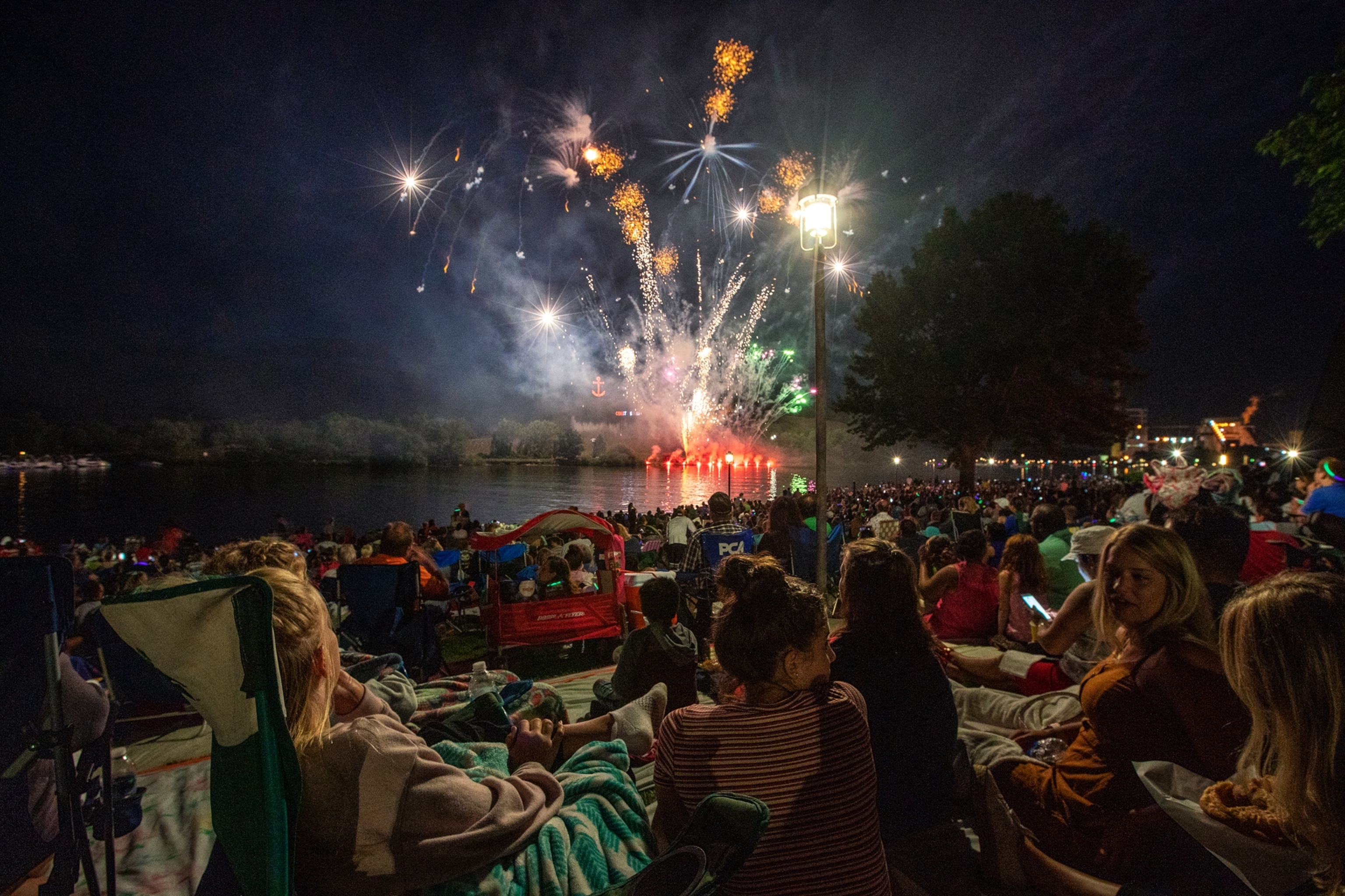 people sitting on a lawn and watching fireworks over water.