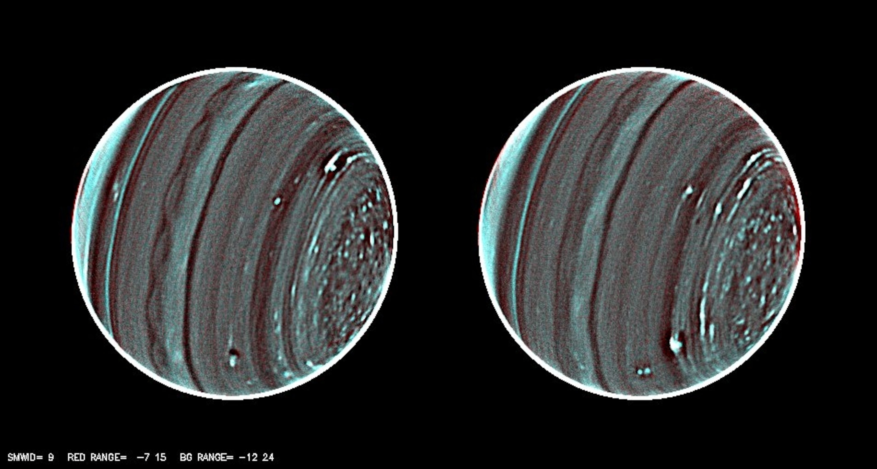 Picture of Uranus showing two infrared images of Uranus, which highlights striped bands of clouds.