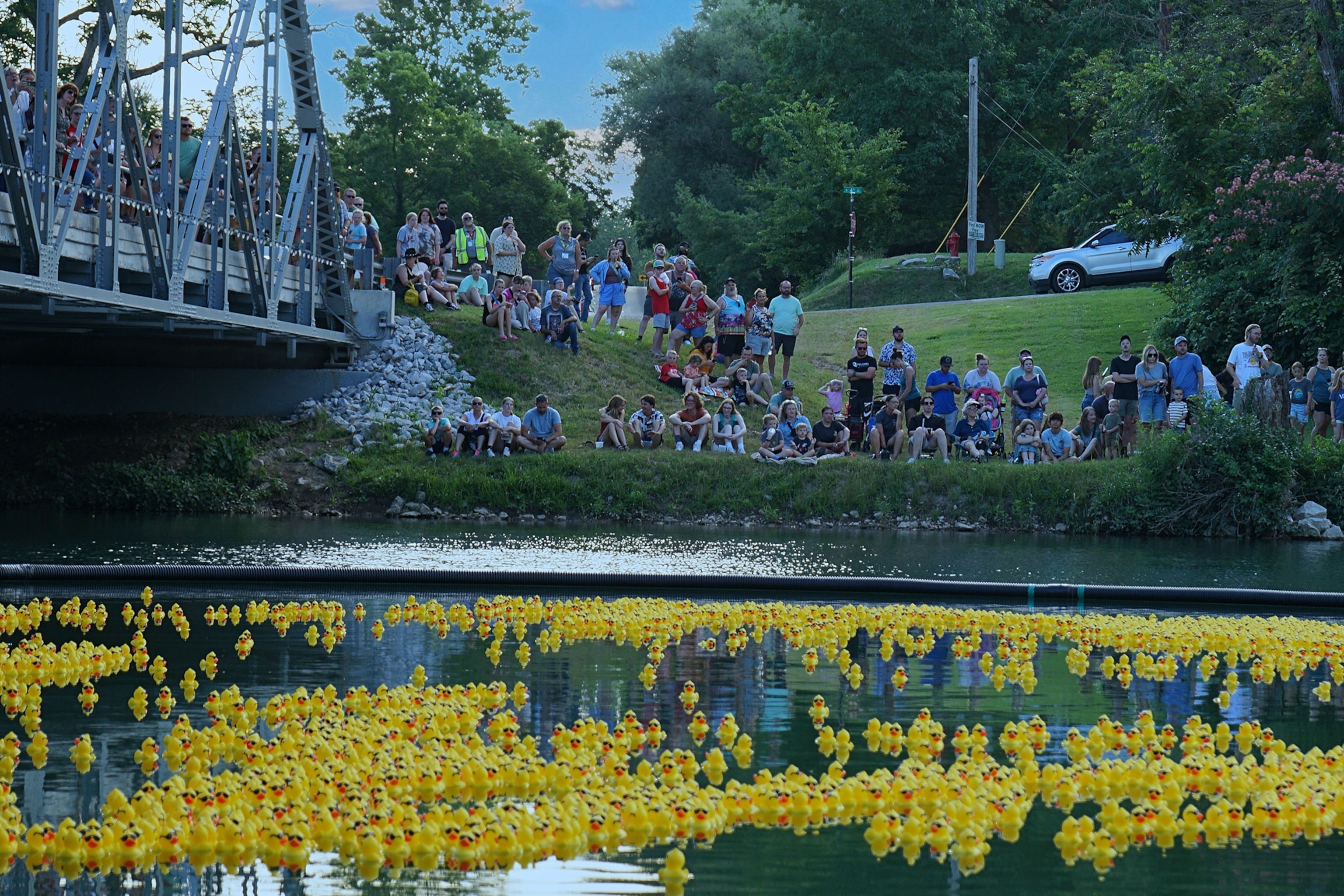 Yellow rubber ducks in a river during the the Sertoma Duck Race Festival in Christian County, Missouri.