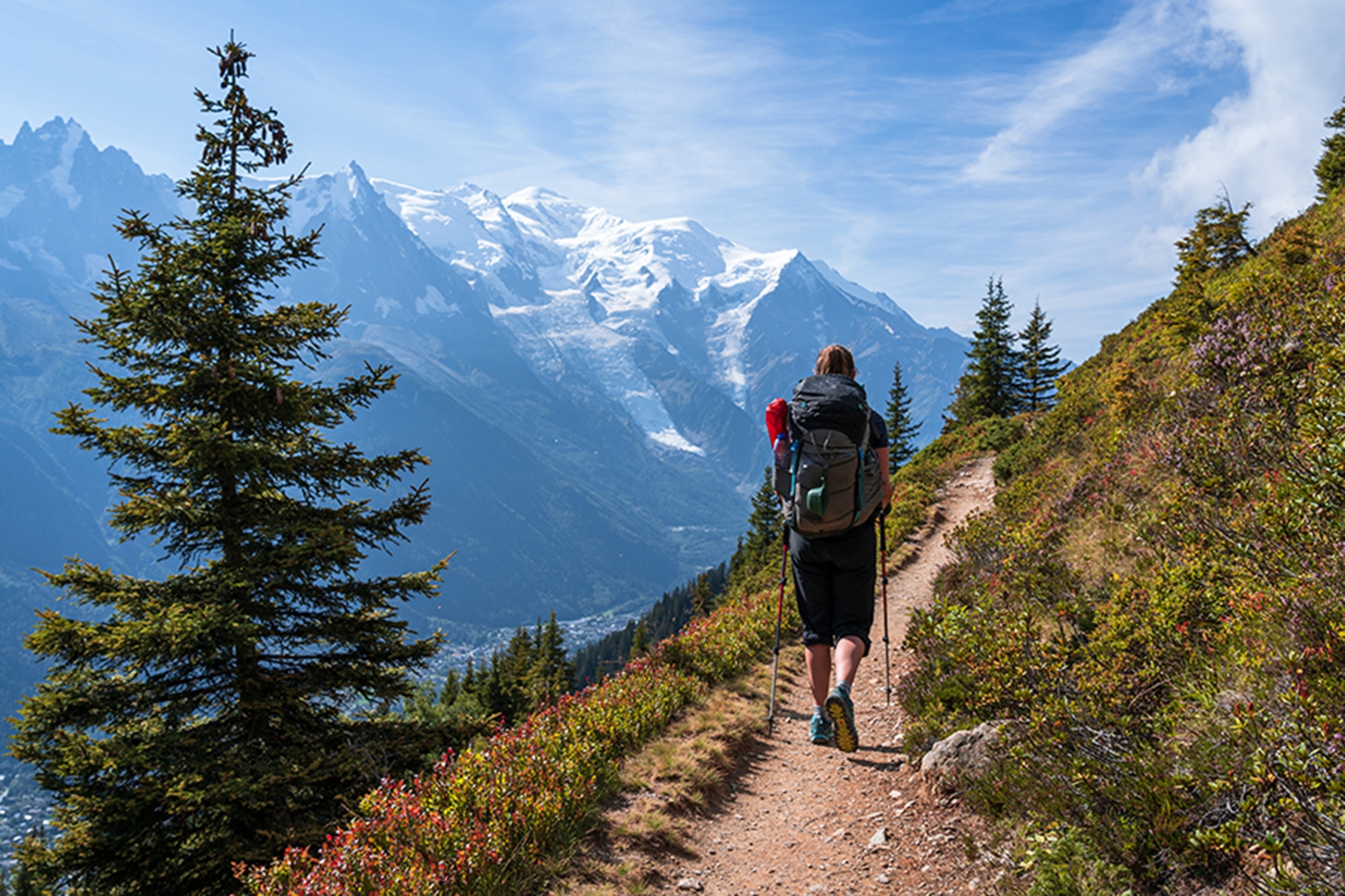 hiker walks on a mountain path next to a pine tree and snow-capped mountains