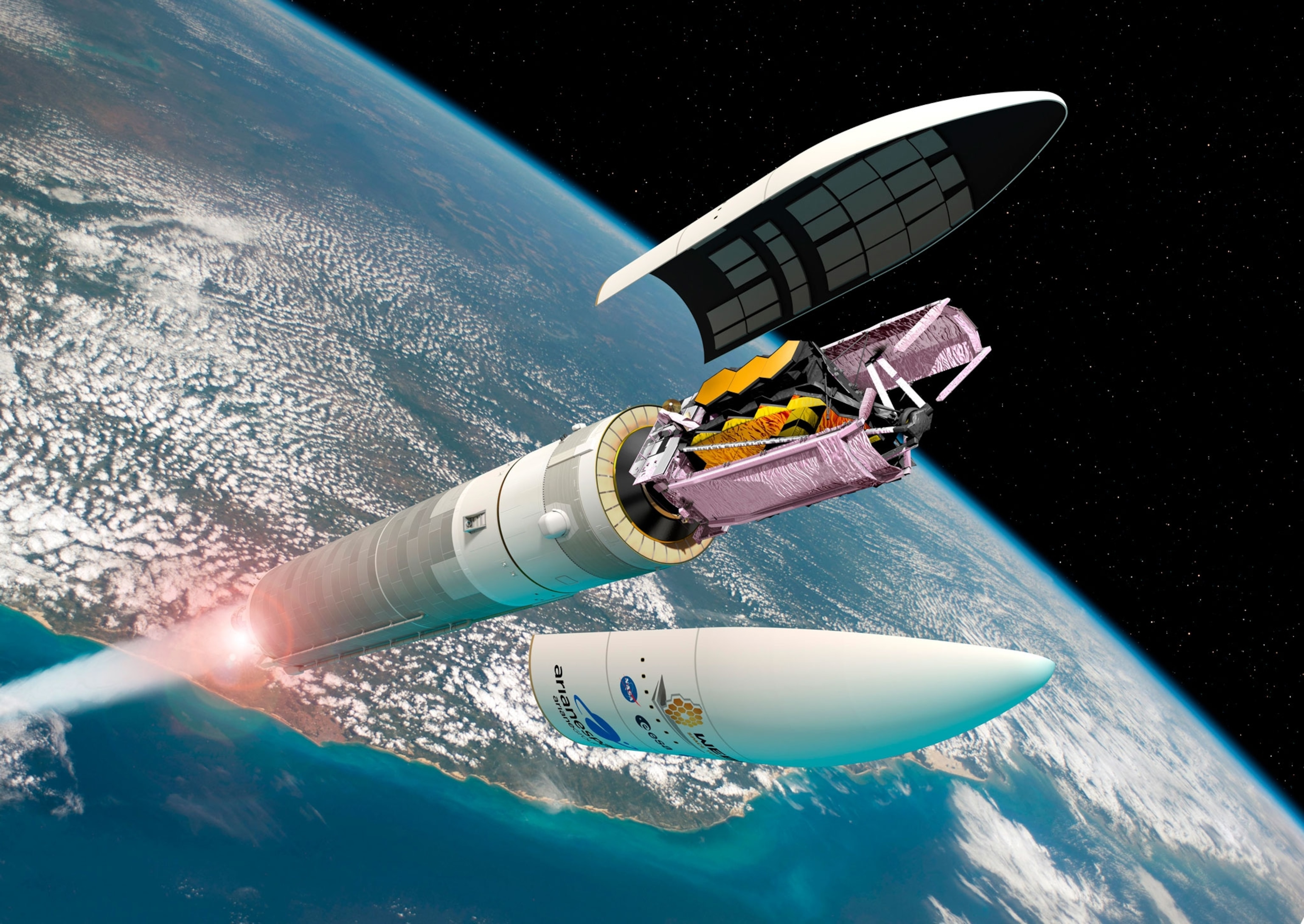 The fairing separates from the rocket to begins the unfolding process of the James Webb Space Telscope.