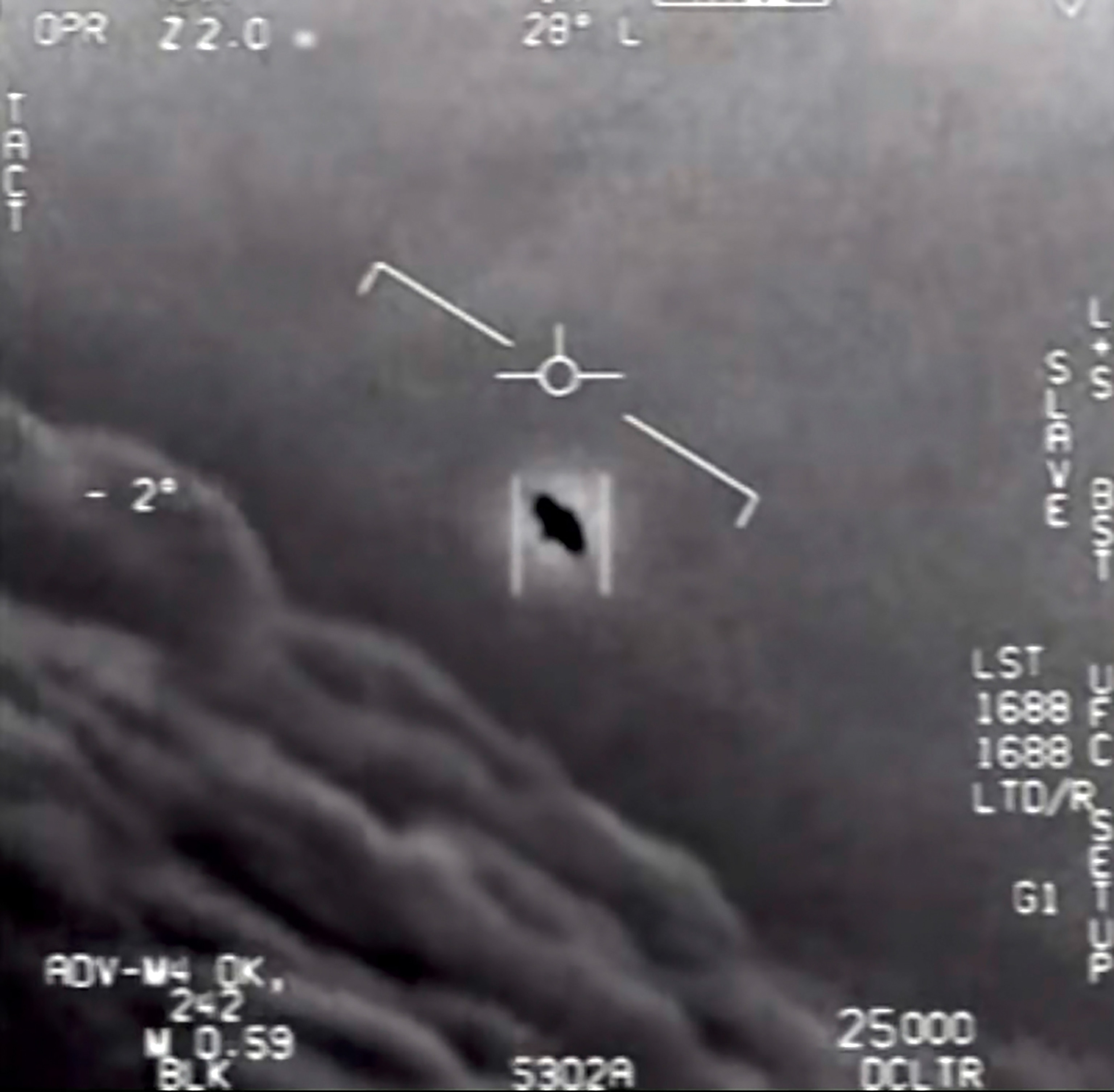 A still image from video released by the Department of Defense shows a an unknown object as seen from a Navy F/A-18F fighter jet.