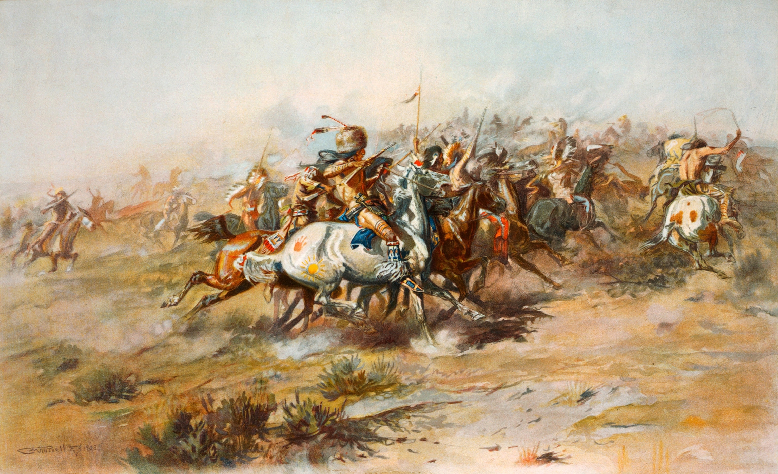 "The Custer Fight" by Charles Marion Russell depicts George Armstrong Custer's last stand at the Battle of Little Big Horn from the Indian side.