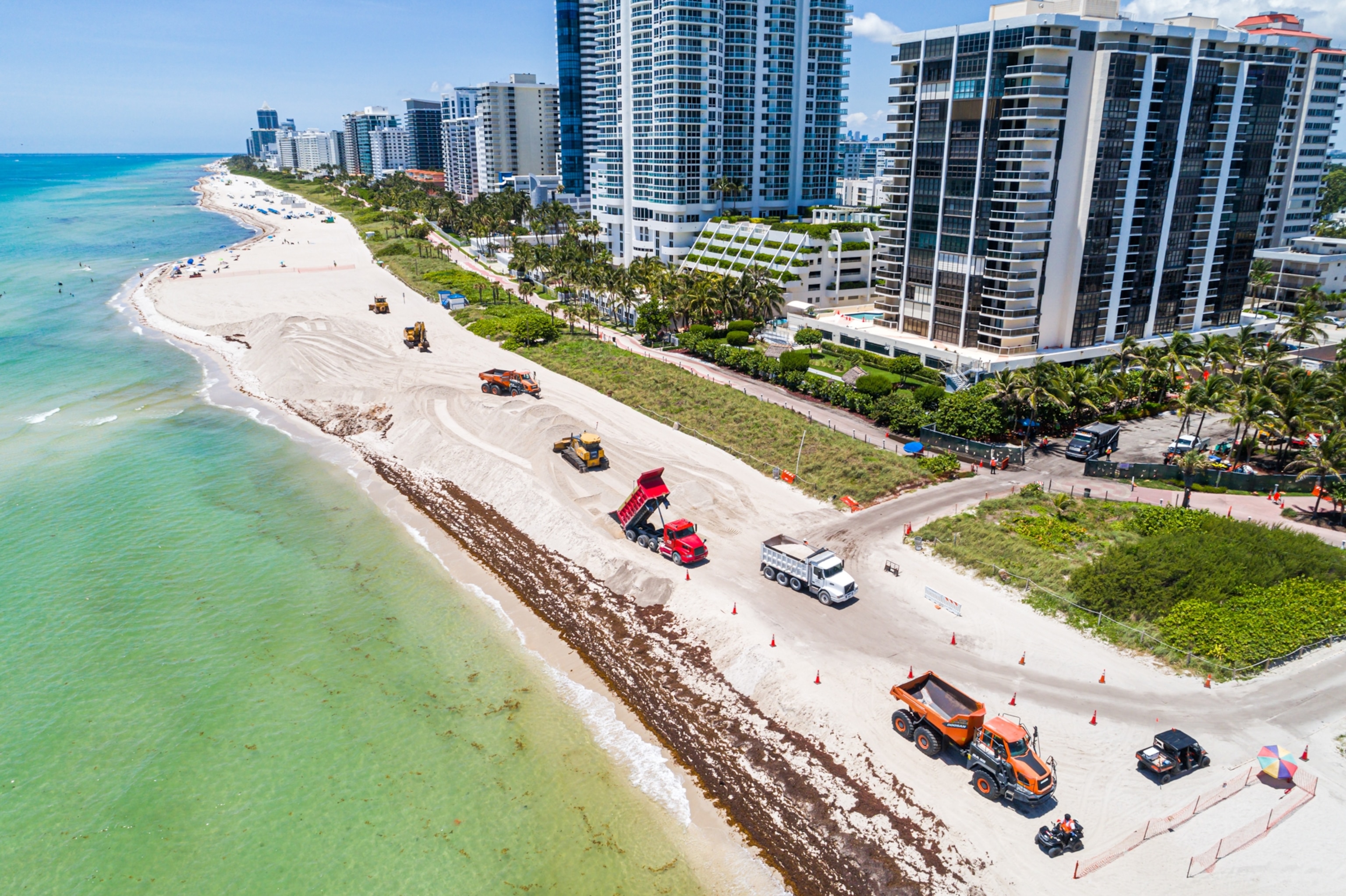 An aerial view of clean-up crews at work removing Sargassum seaweed from a white sand beach in Miami.