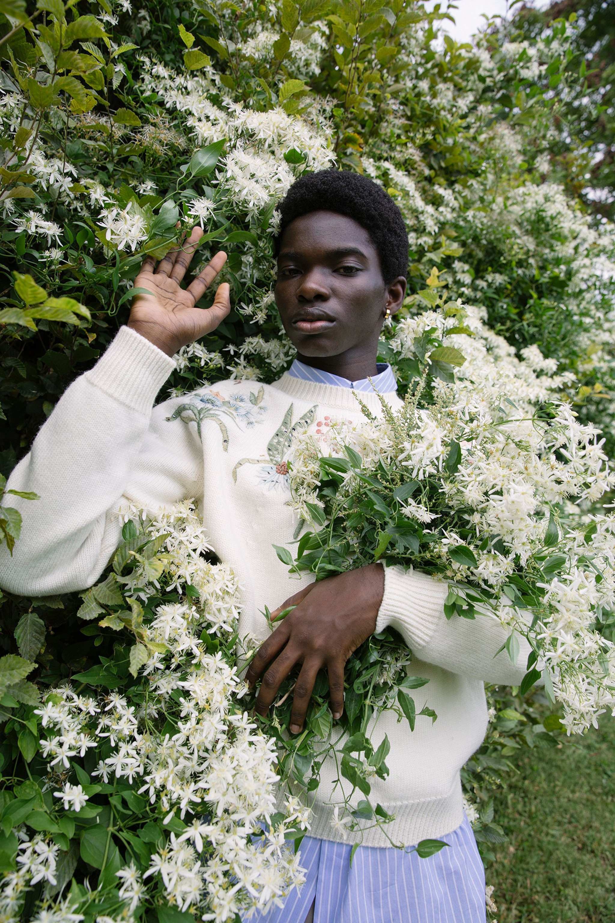 a young man poses for a portrait in front of a white flowered bush