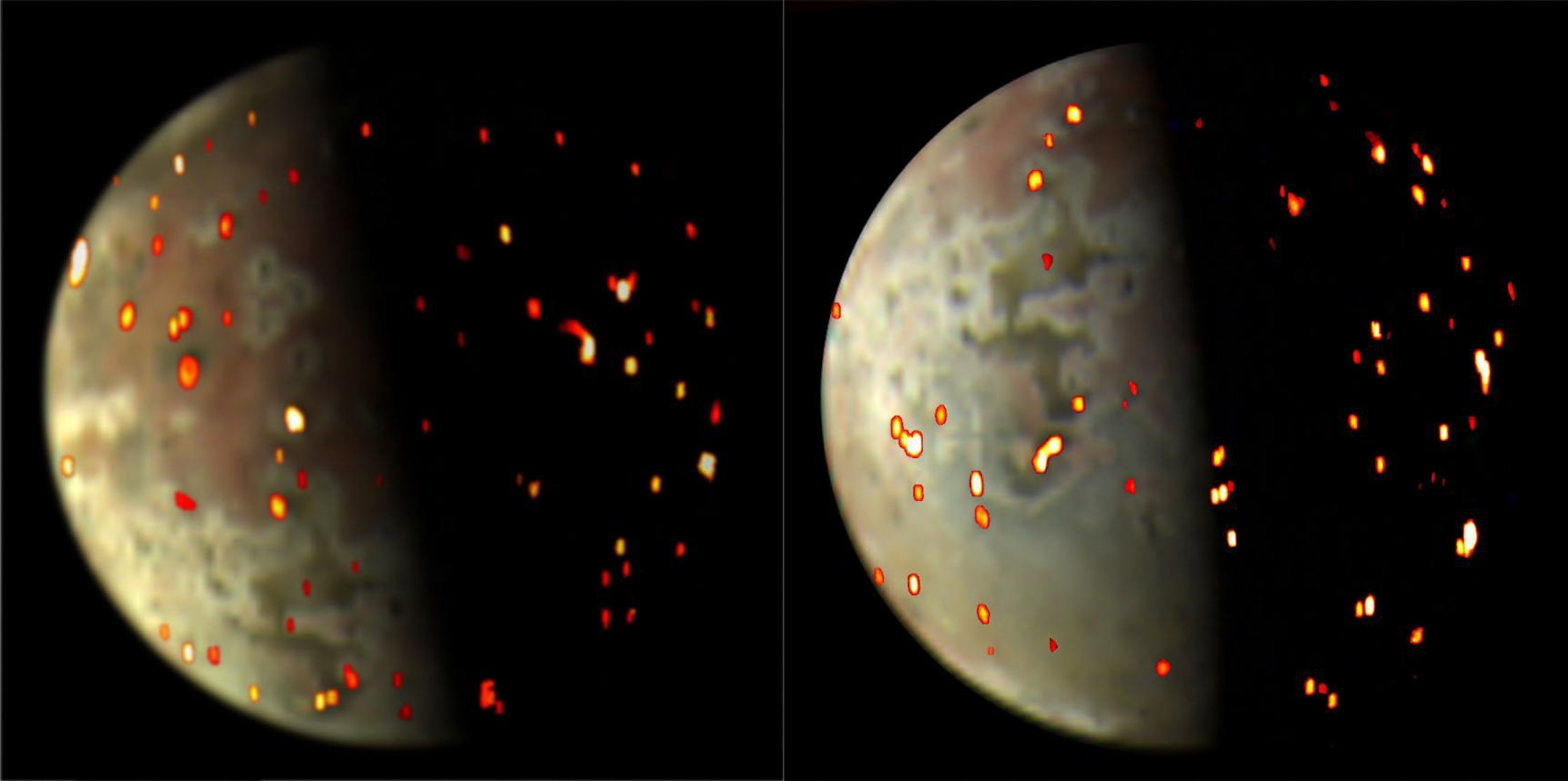 Two composite photographs of Jupiter's moon Io, dotted with overlays of red and yellow where infrared sensors detected thermal activity on the moon's surface.