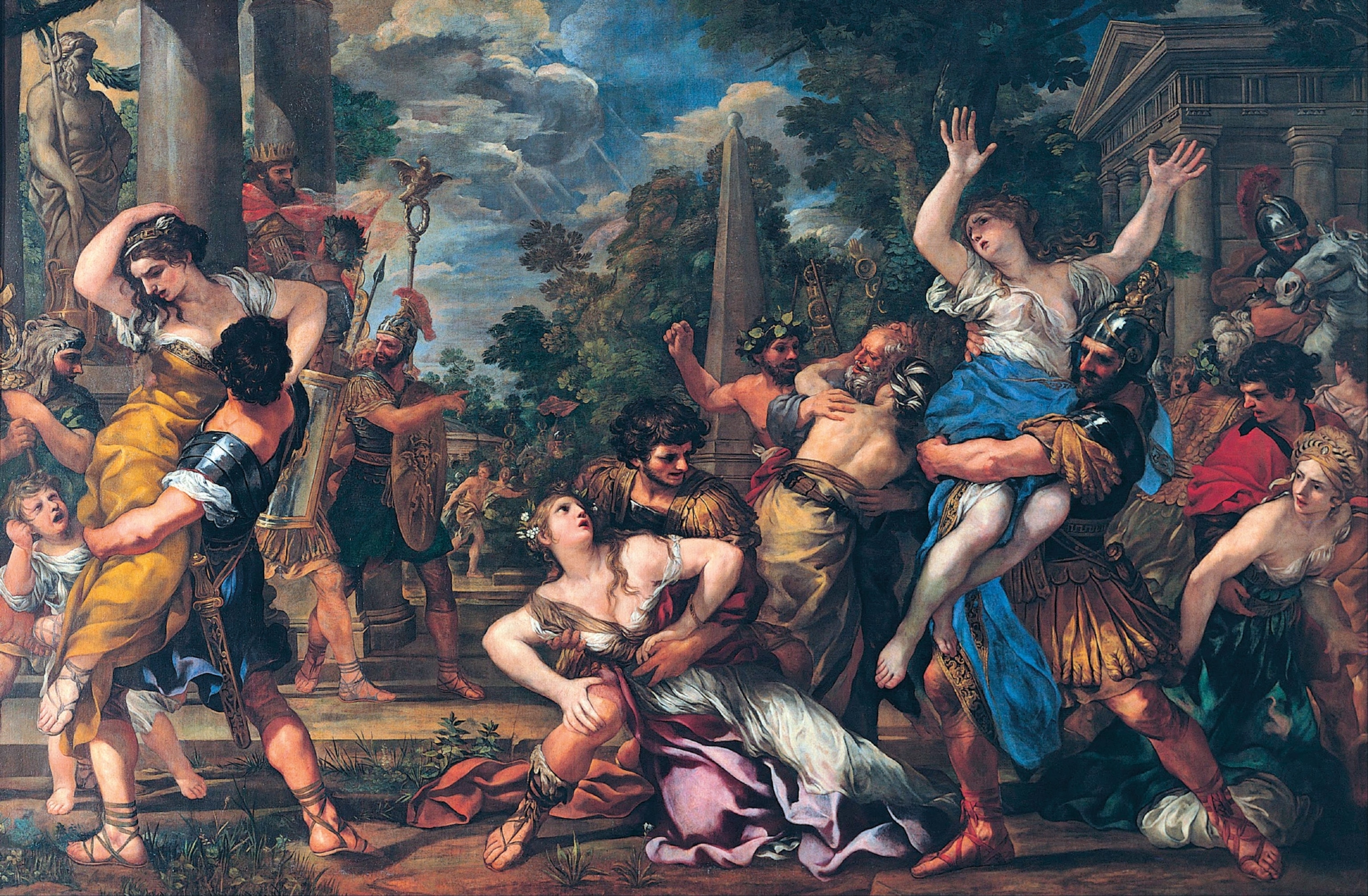 A painting of women being carried off by soldiers