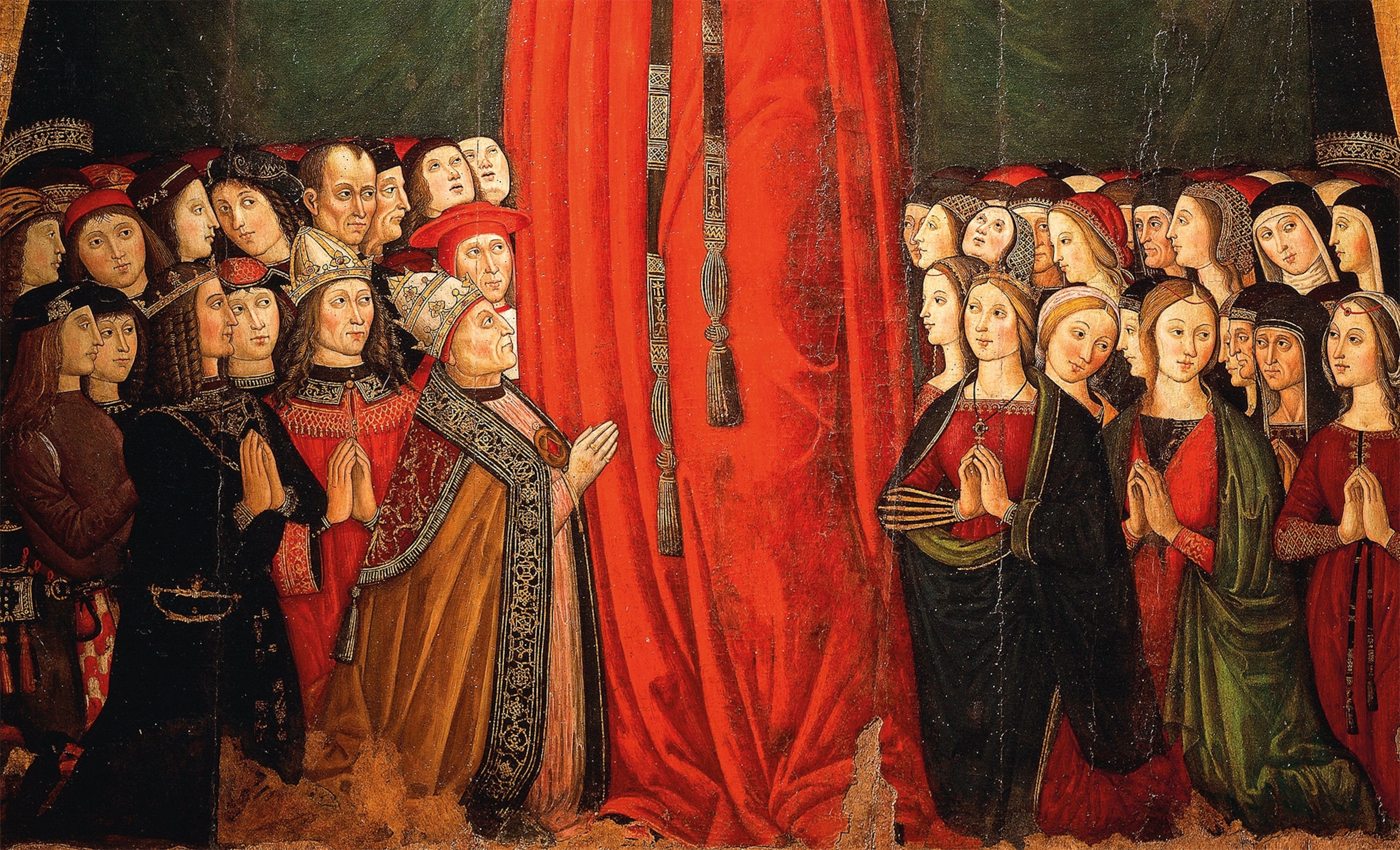 A 1500 painting show a crowd of people, including a kneeling pope, surrounding the bottom of a much taller woman in a red dress