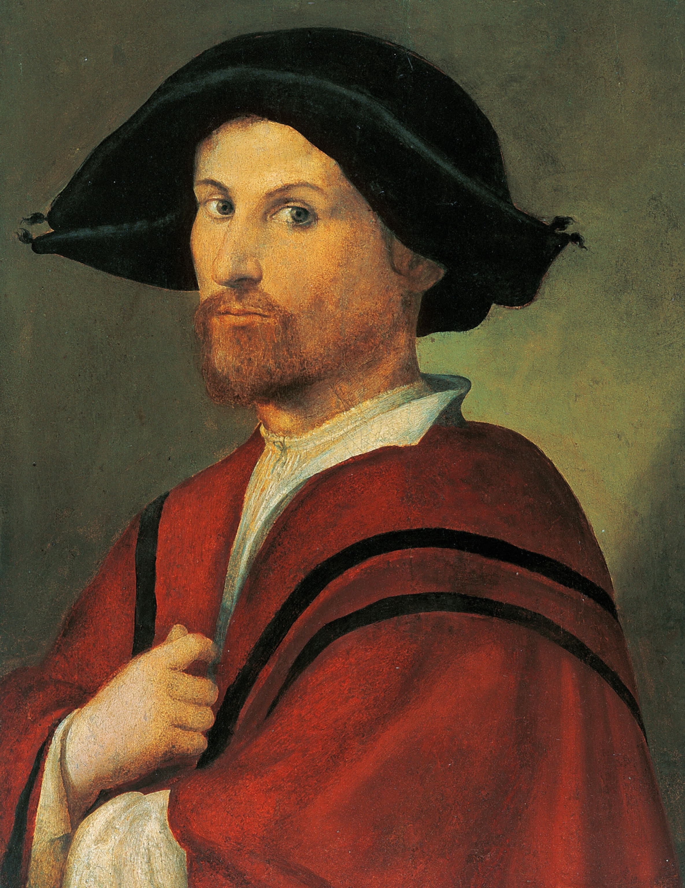 A portrait of a man wearing a red robe with a black hat on