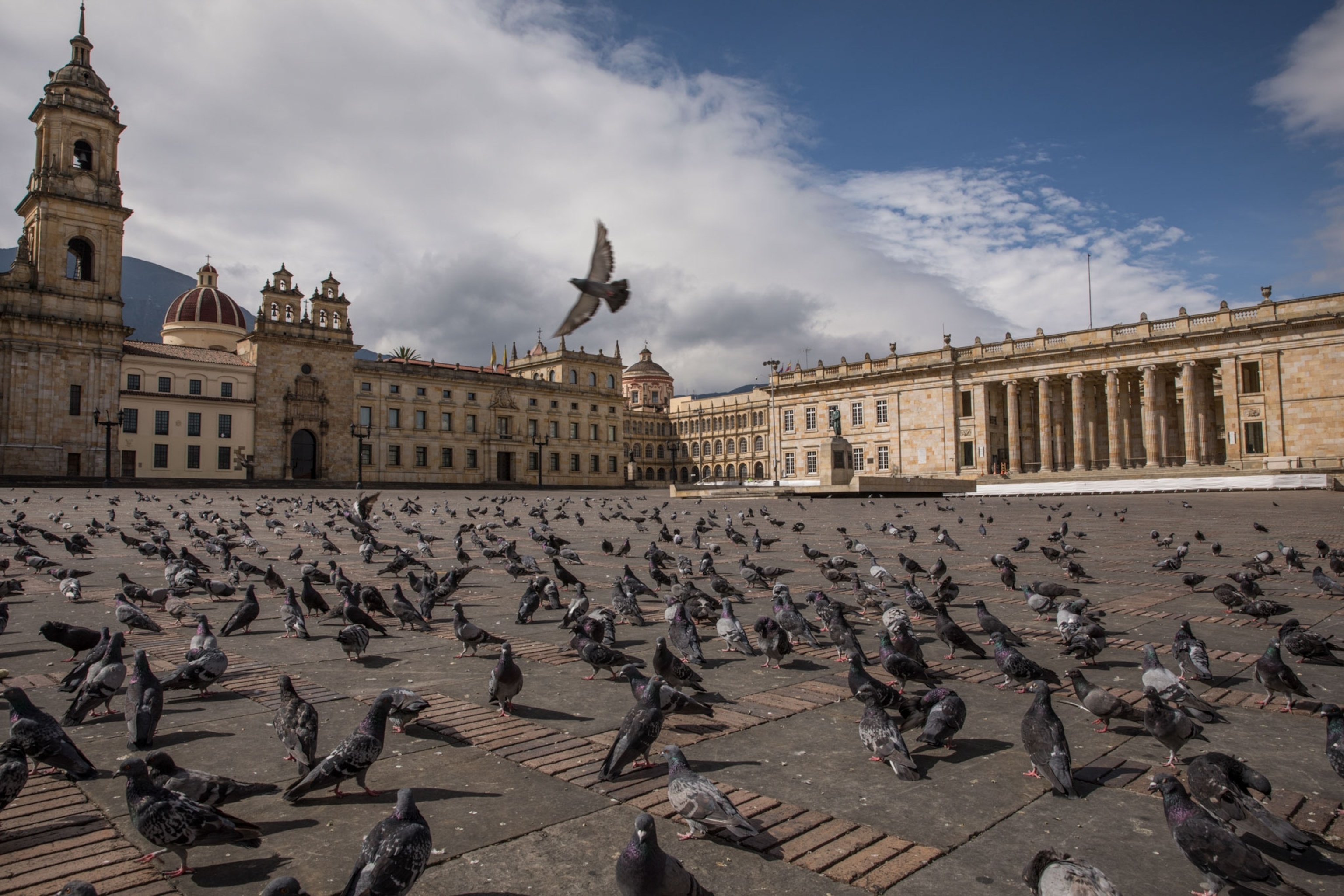 an empty Plaza de Bolívar in Bogotá, Colombia