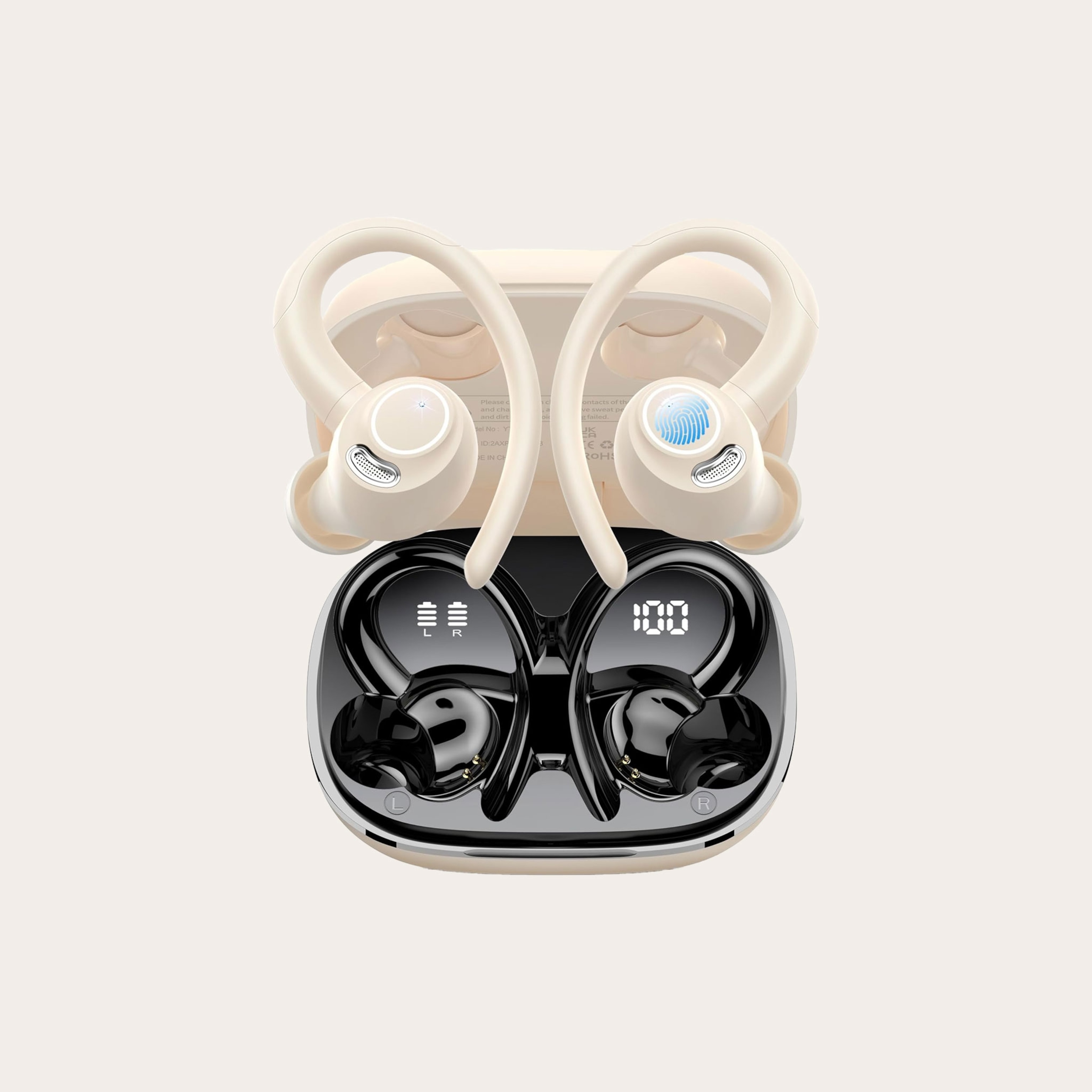 Two sets of bluetooth earbuds in cases placed on a tan background.