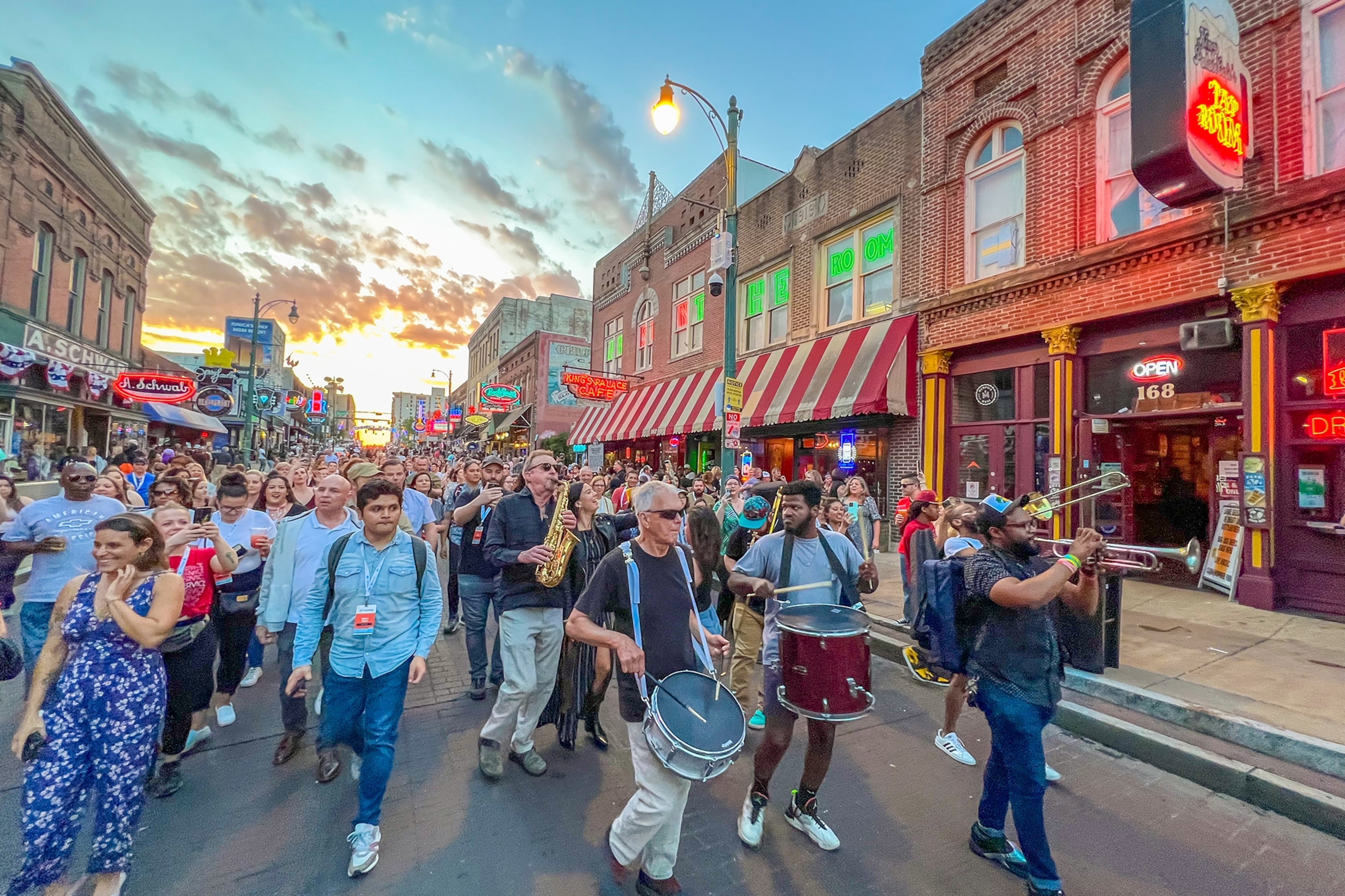 Musicians play along the streets during the Memphis in May festival.