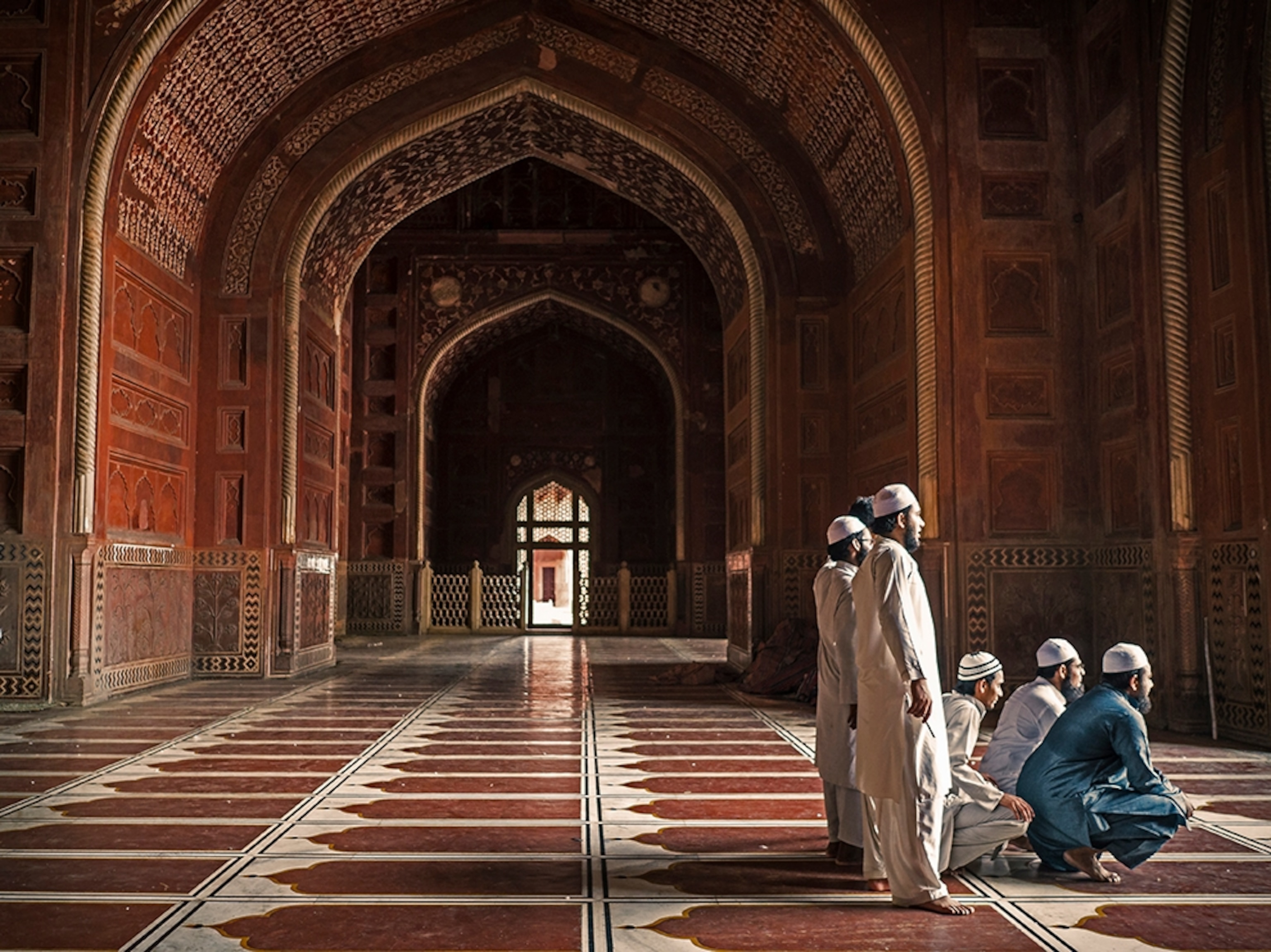 archways in the mosque of Taj Mahal in Agra, India