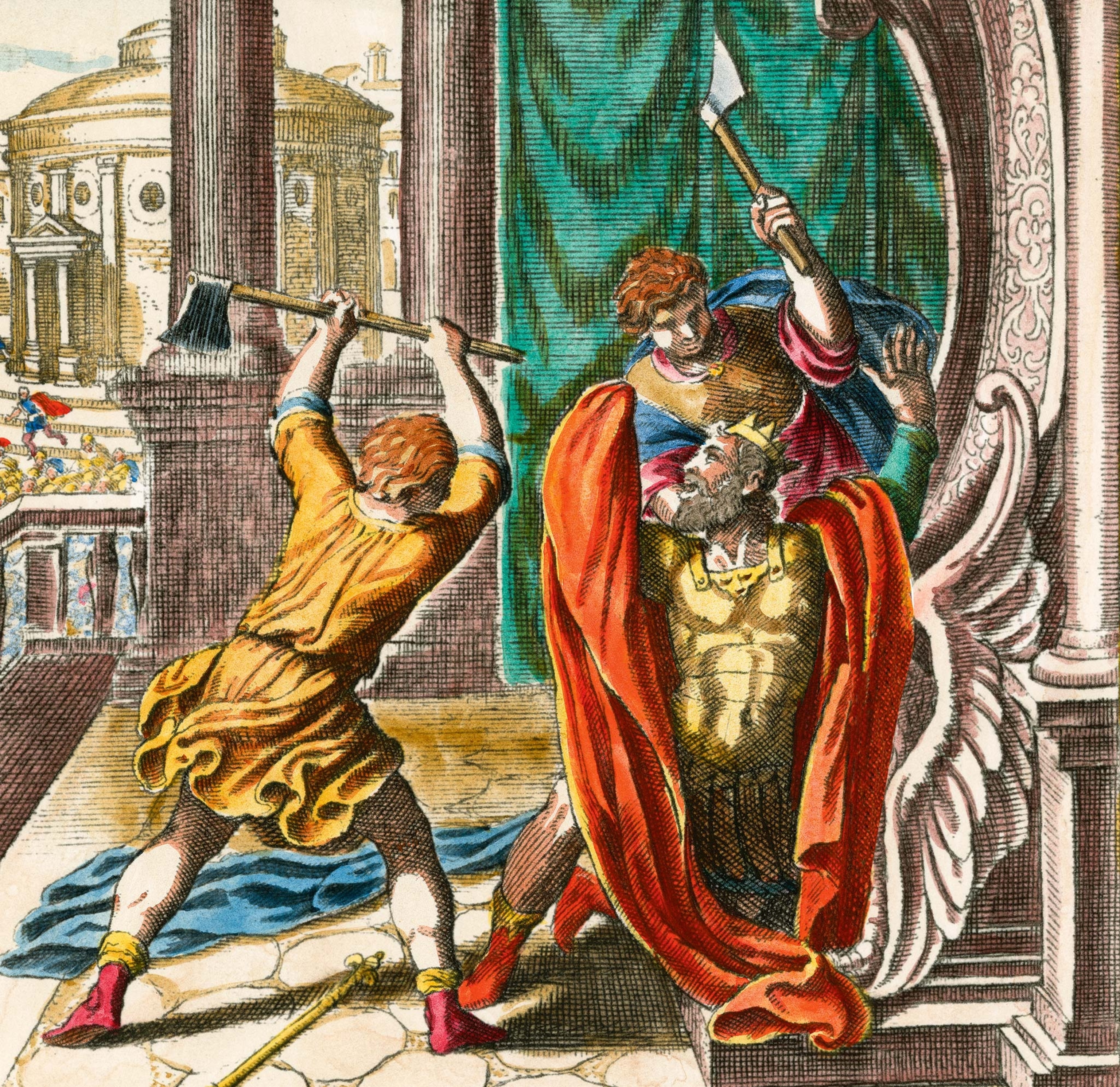 Assassins strike down Tarquin the Elder, who was targeted by the sons of the previous king, in this illustration.