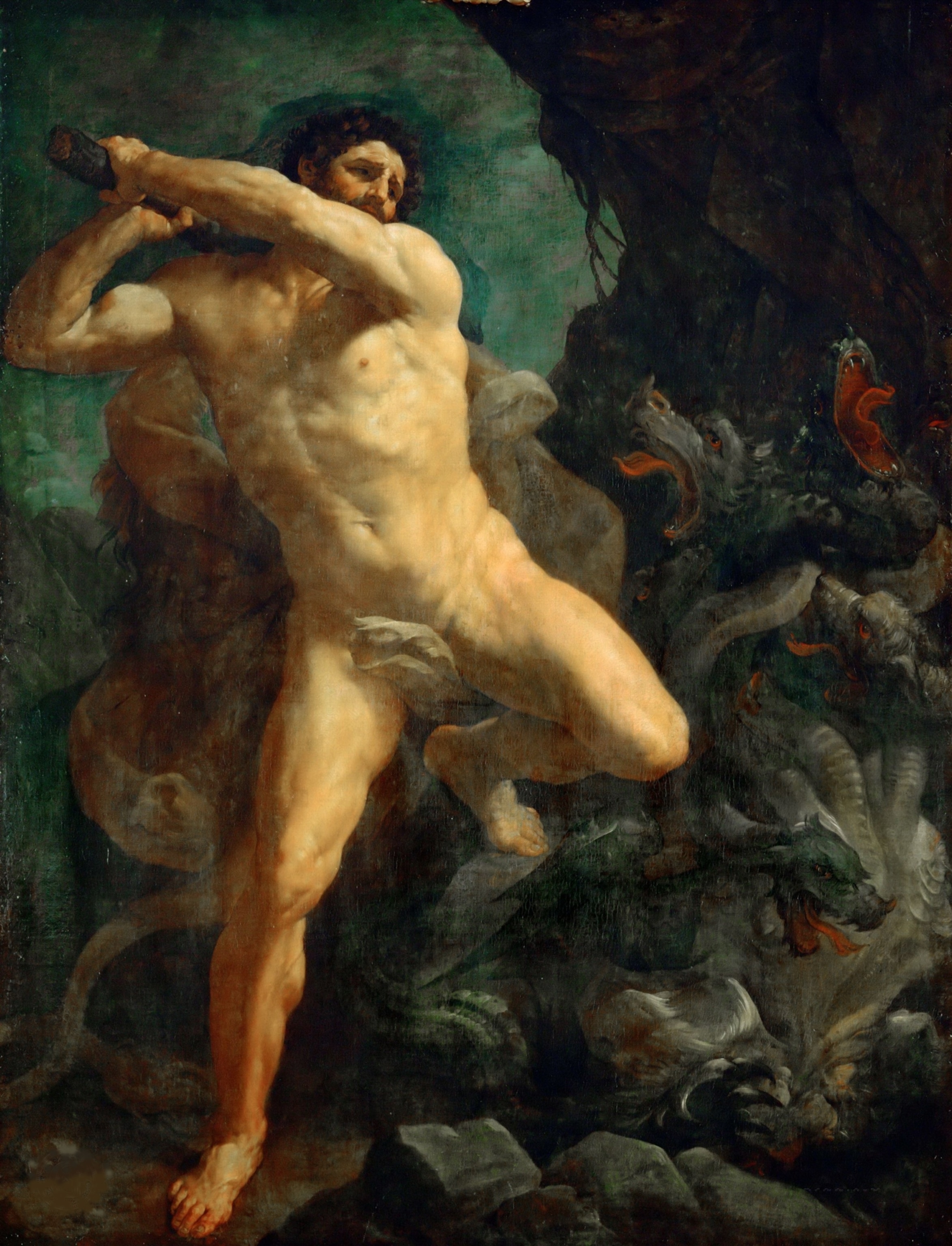 An oil painting depicting a naked Hercules swinging a club at a hydra