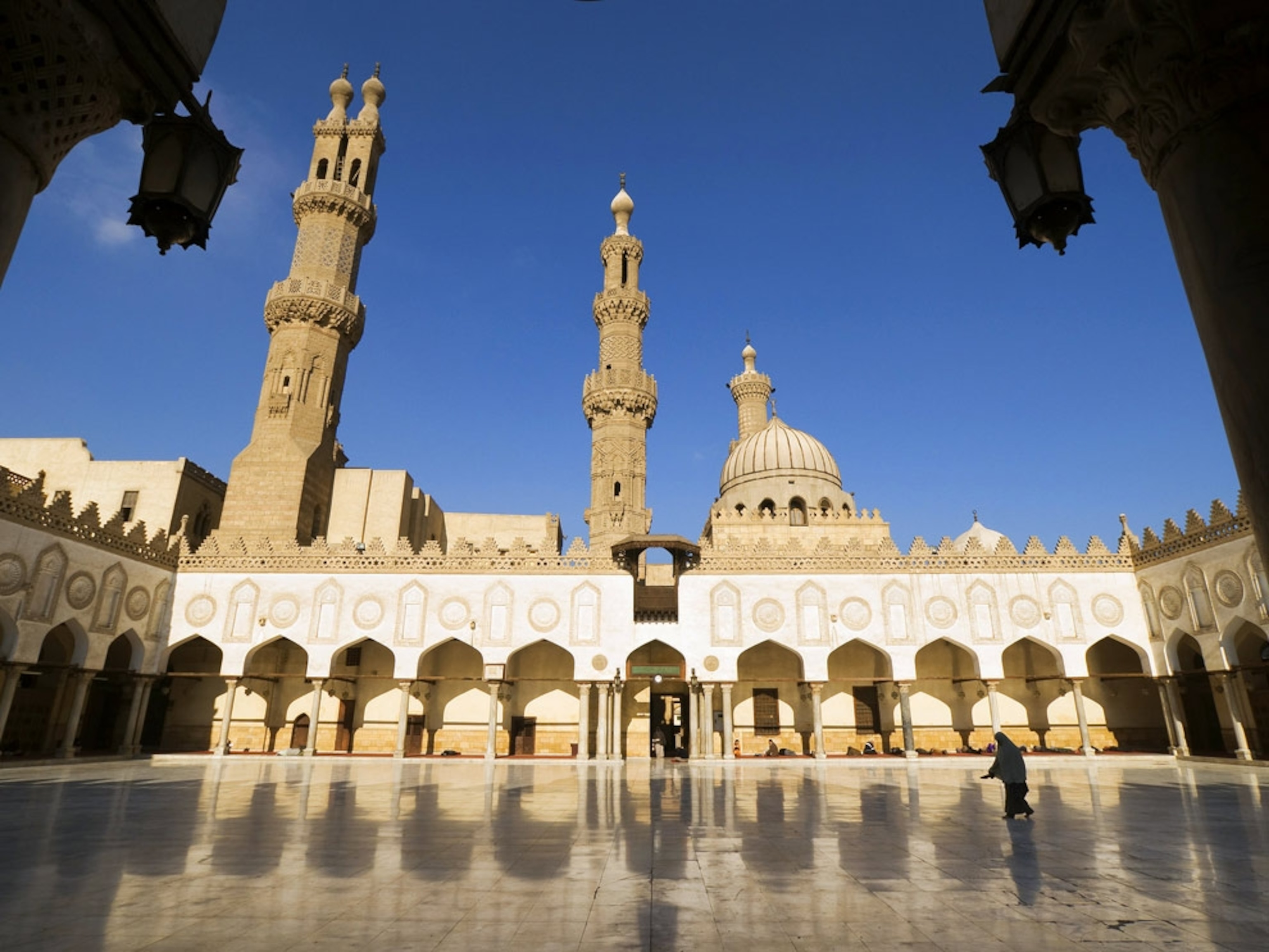 Courtyard of a mosque with minarets