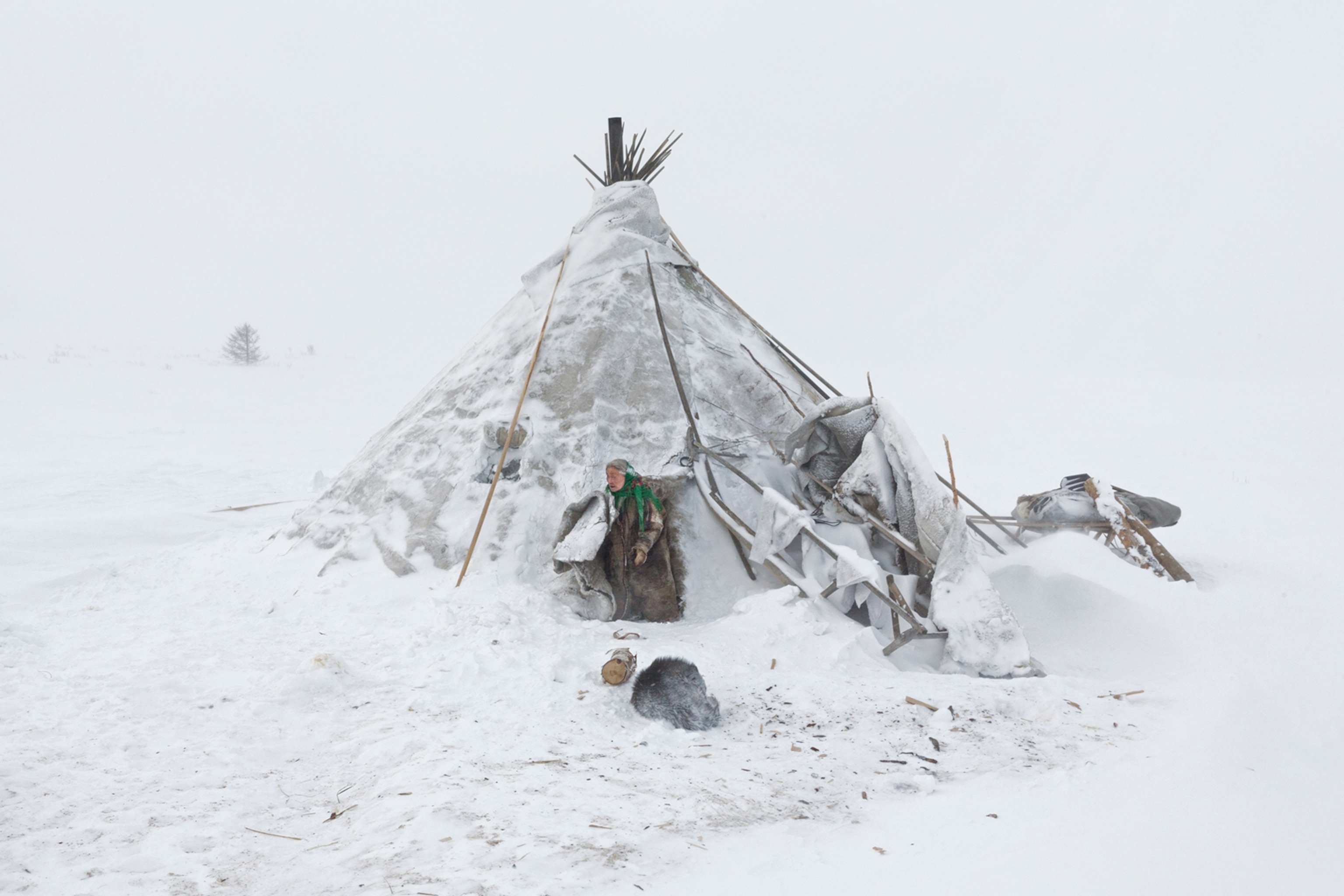 a woman exiting a tent in the now