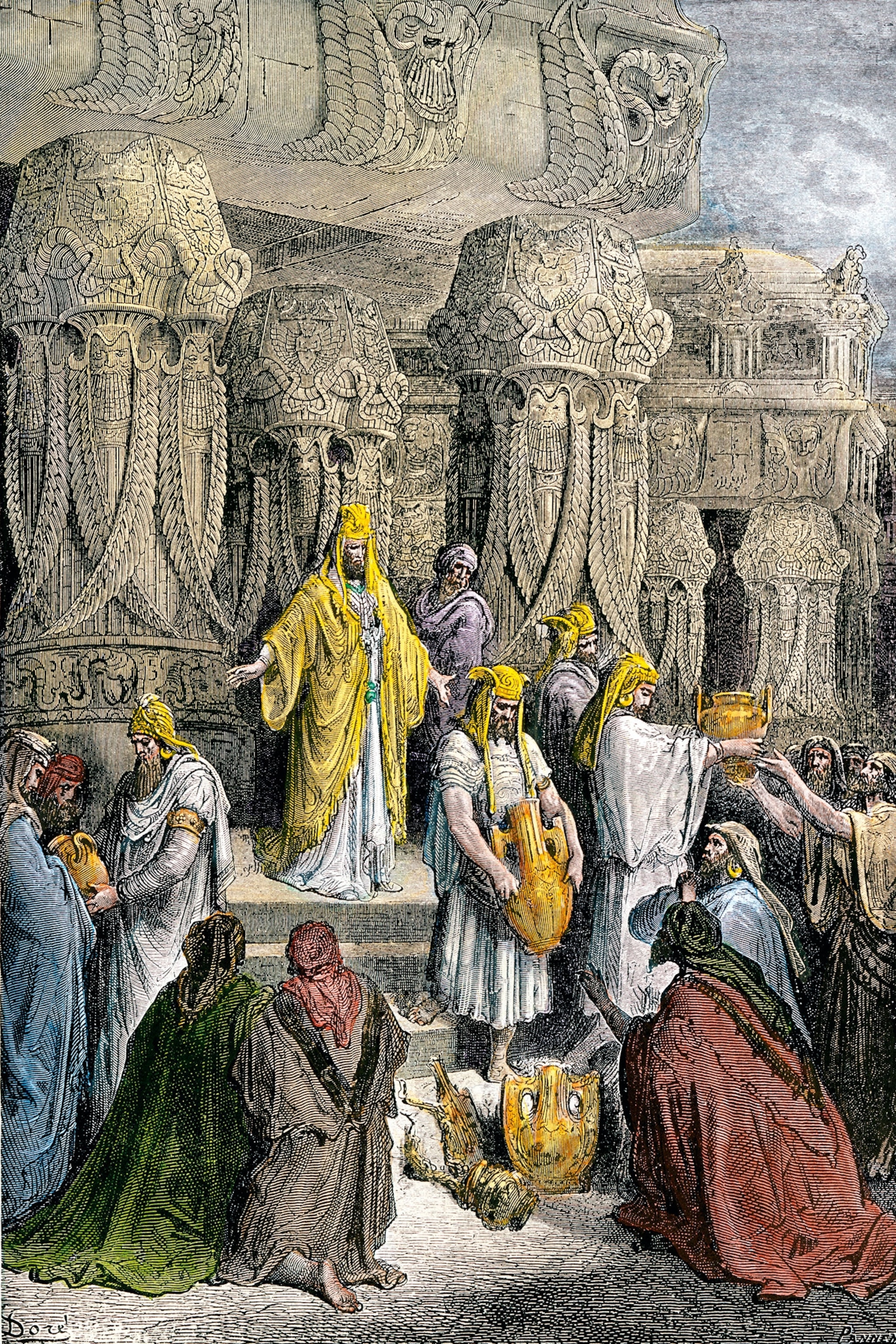 An engraving shows a king on a step above people kneeling while servants give away gold