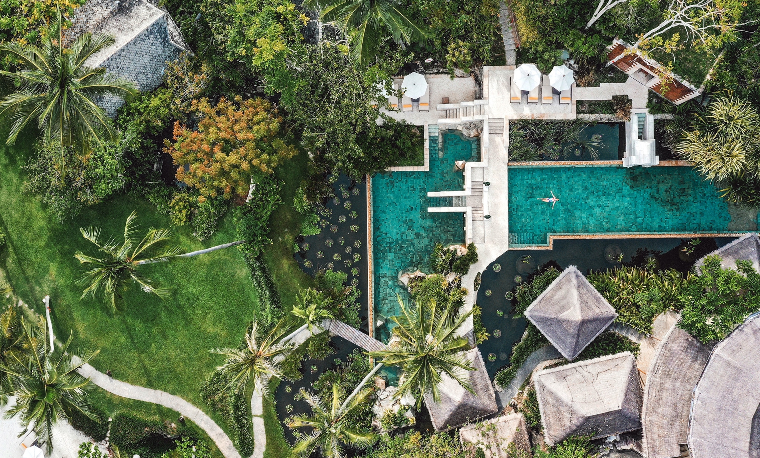 Aerial of the leisure pool surrounded by trees and plants at Kamalaya.