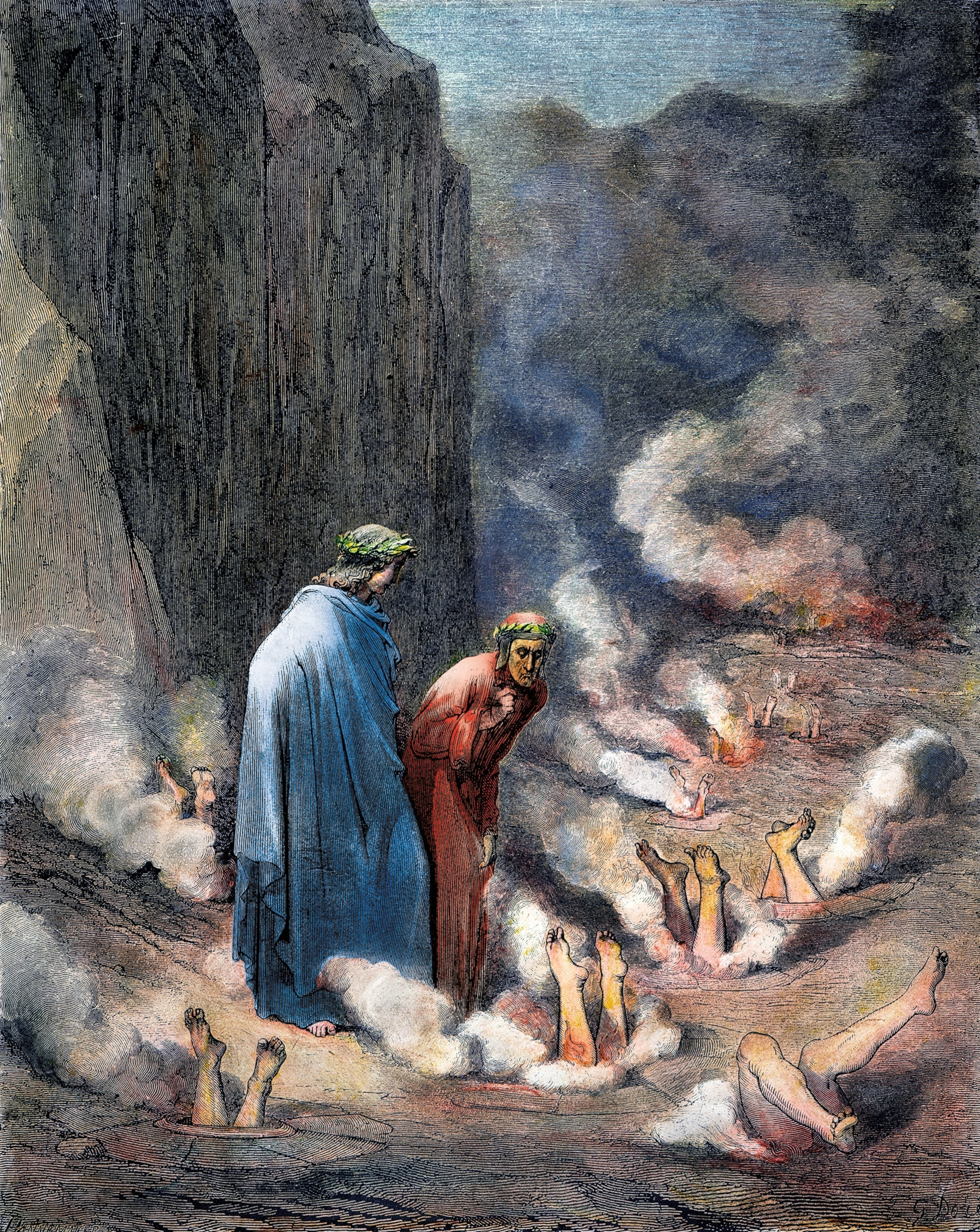 Dante speaks with the damned standing head-first in a ditch with those that sold church offices or roles.