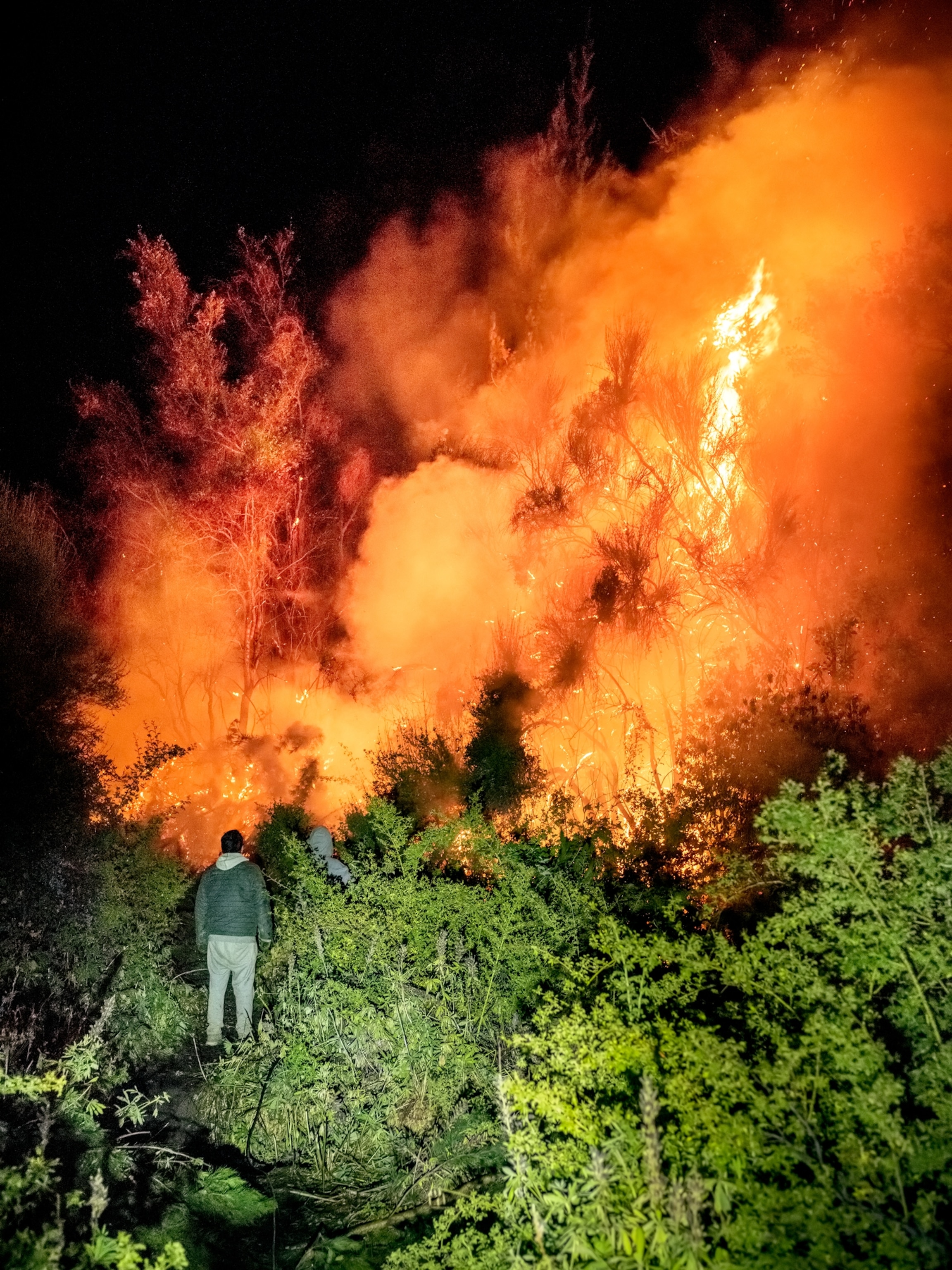 two people stand near the roaring blaze of a wildfire