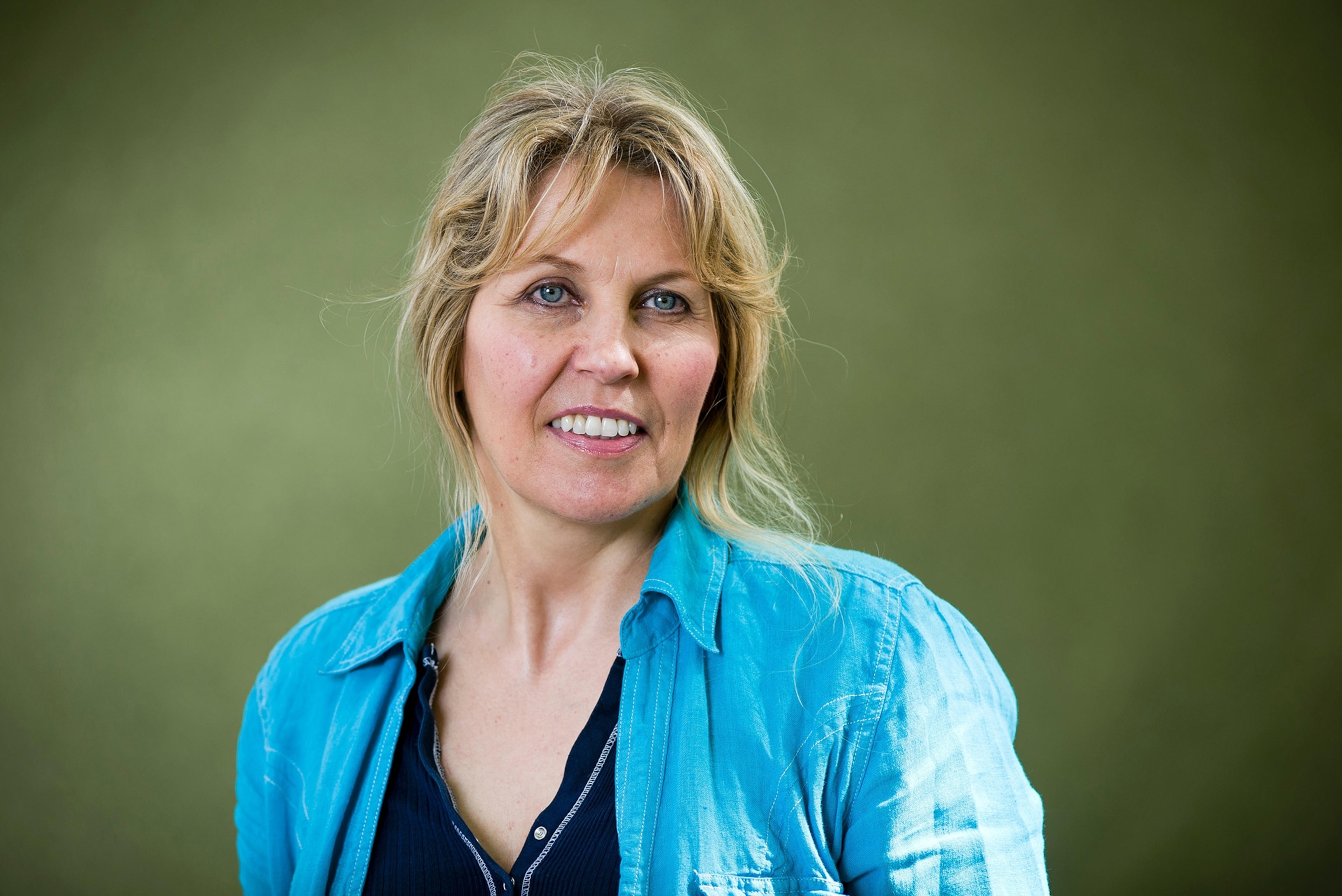 Philippa Langley against a green background.