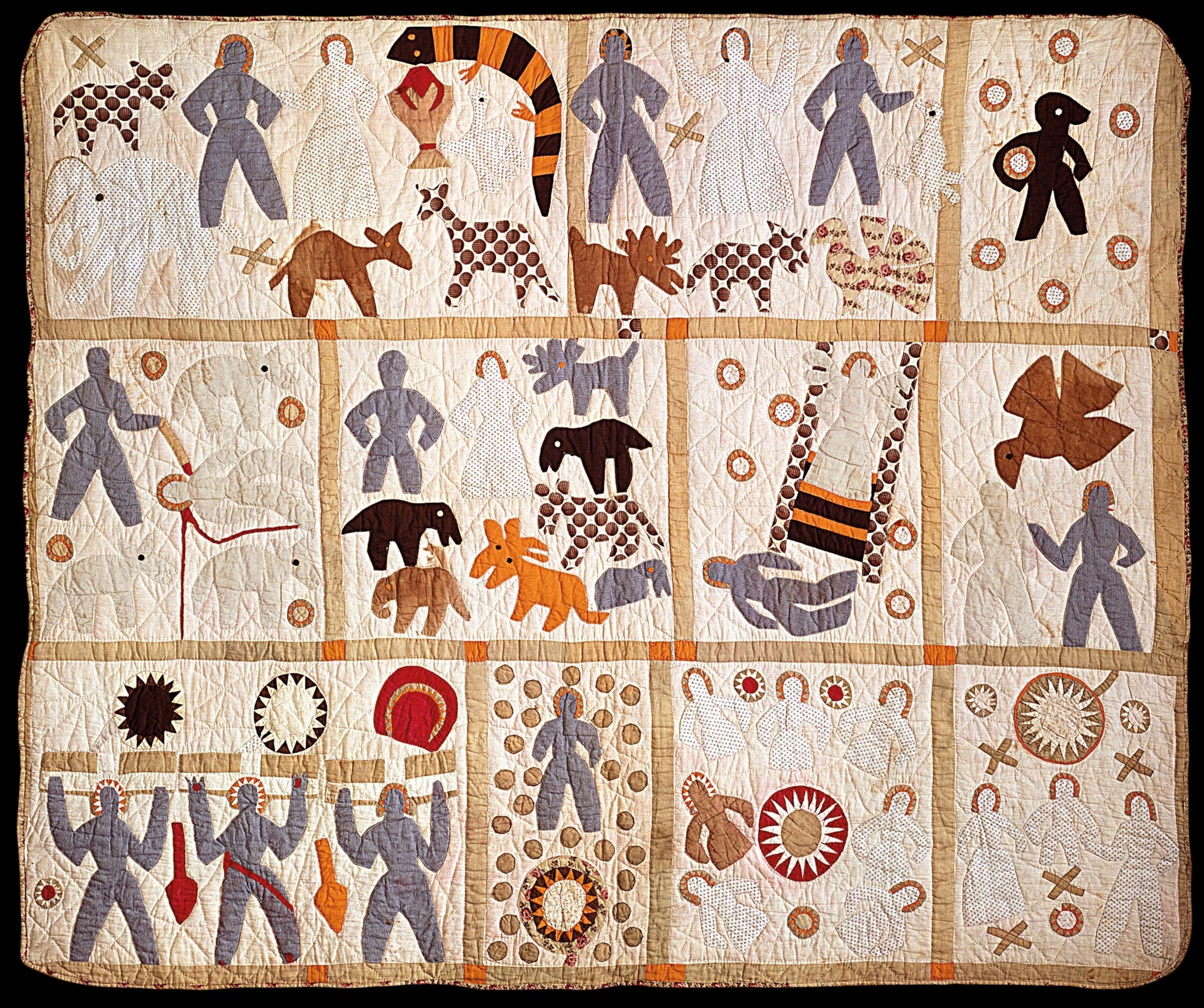 The Bible Quilt depicts stories from the Old and New Testaments, including the Garden of Eden, Cain and Abel, Jacob’s Ladder, the Last Supper, and the Holy Family.