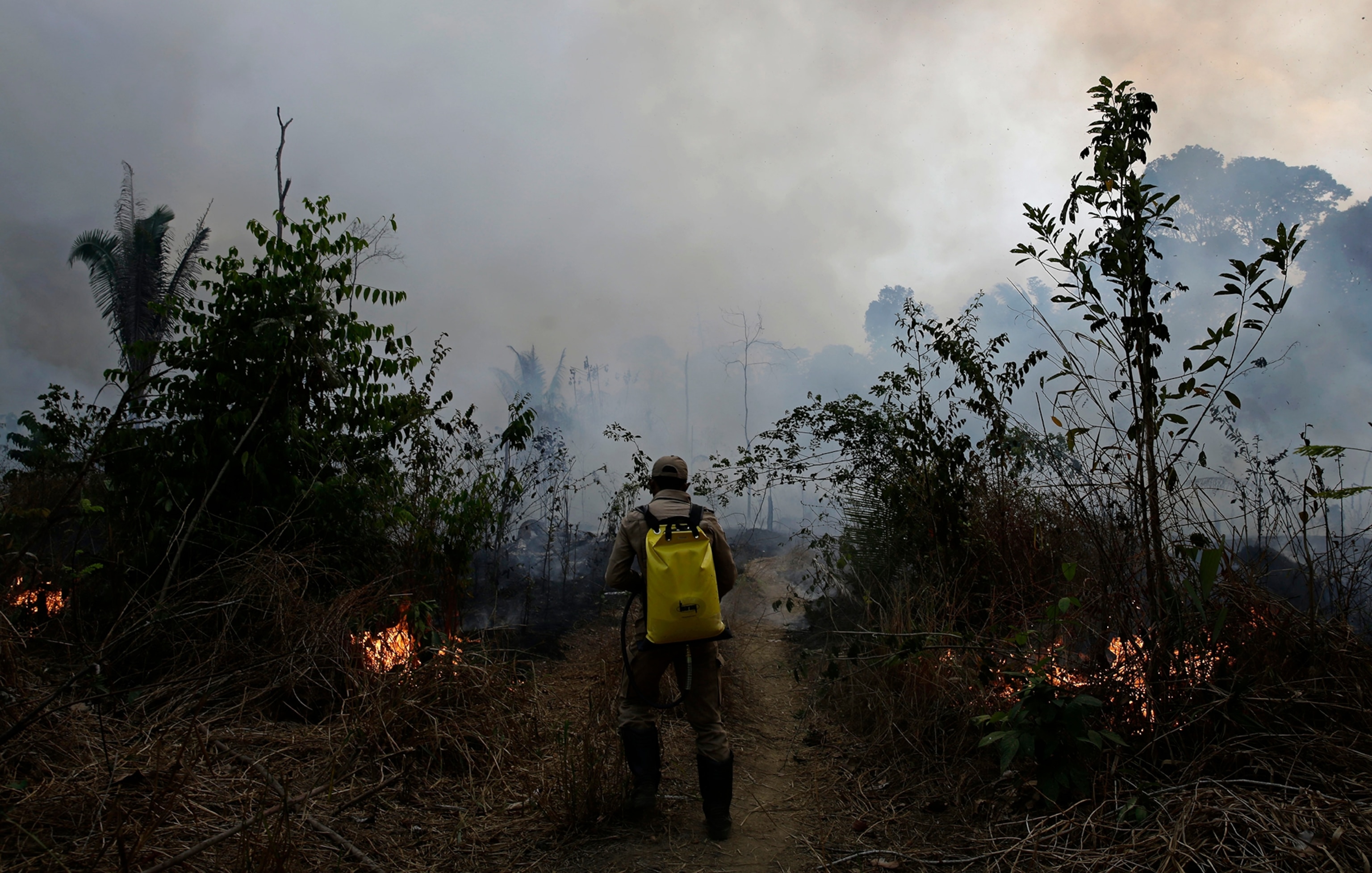 a fire fighter attempting to combat fire in the amazon