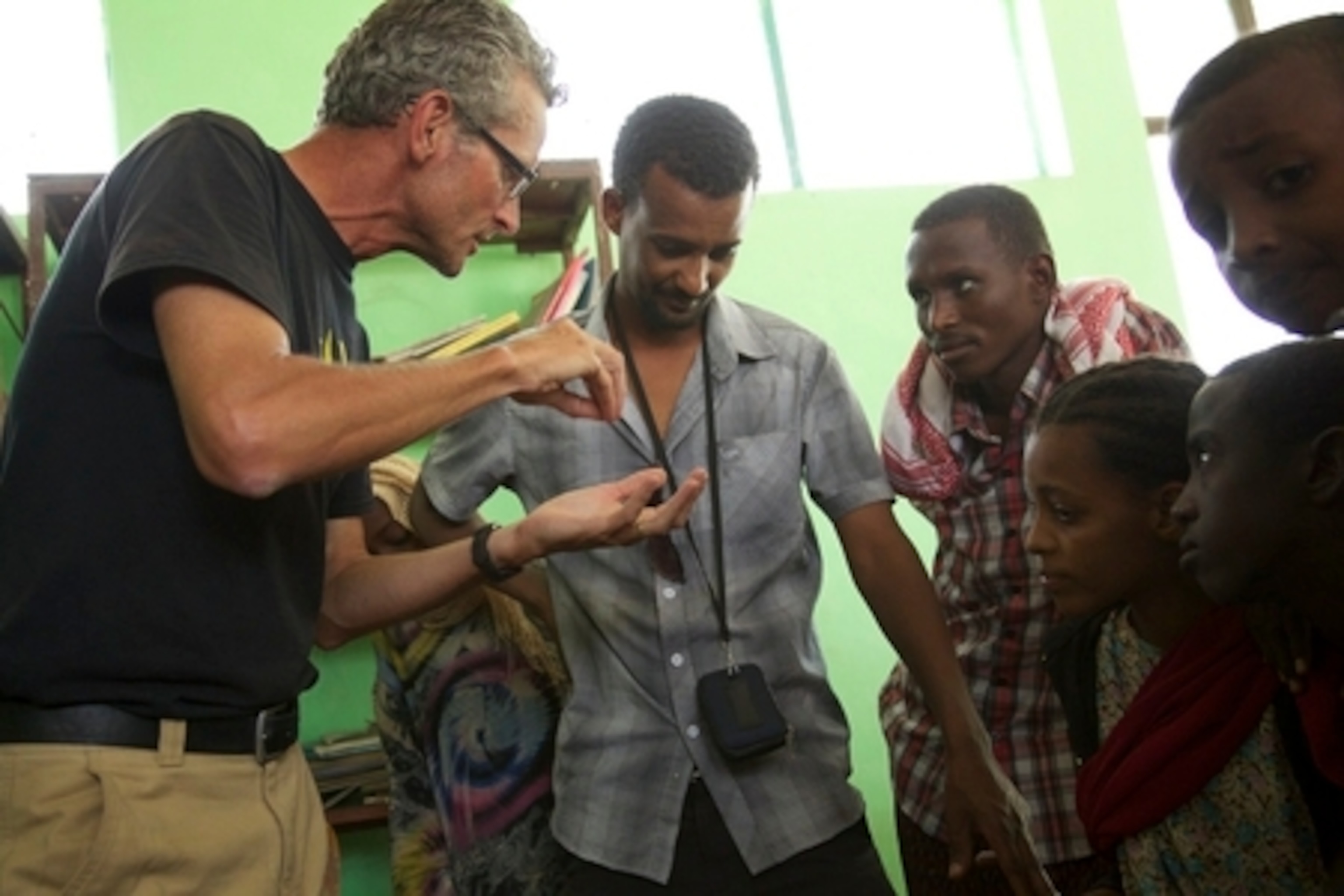 Paul Salopek speaks to over 80 students about the Out of Eden project at the Asaita Secondary School in Asaita, Ethiopia.