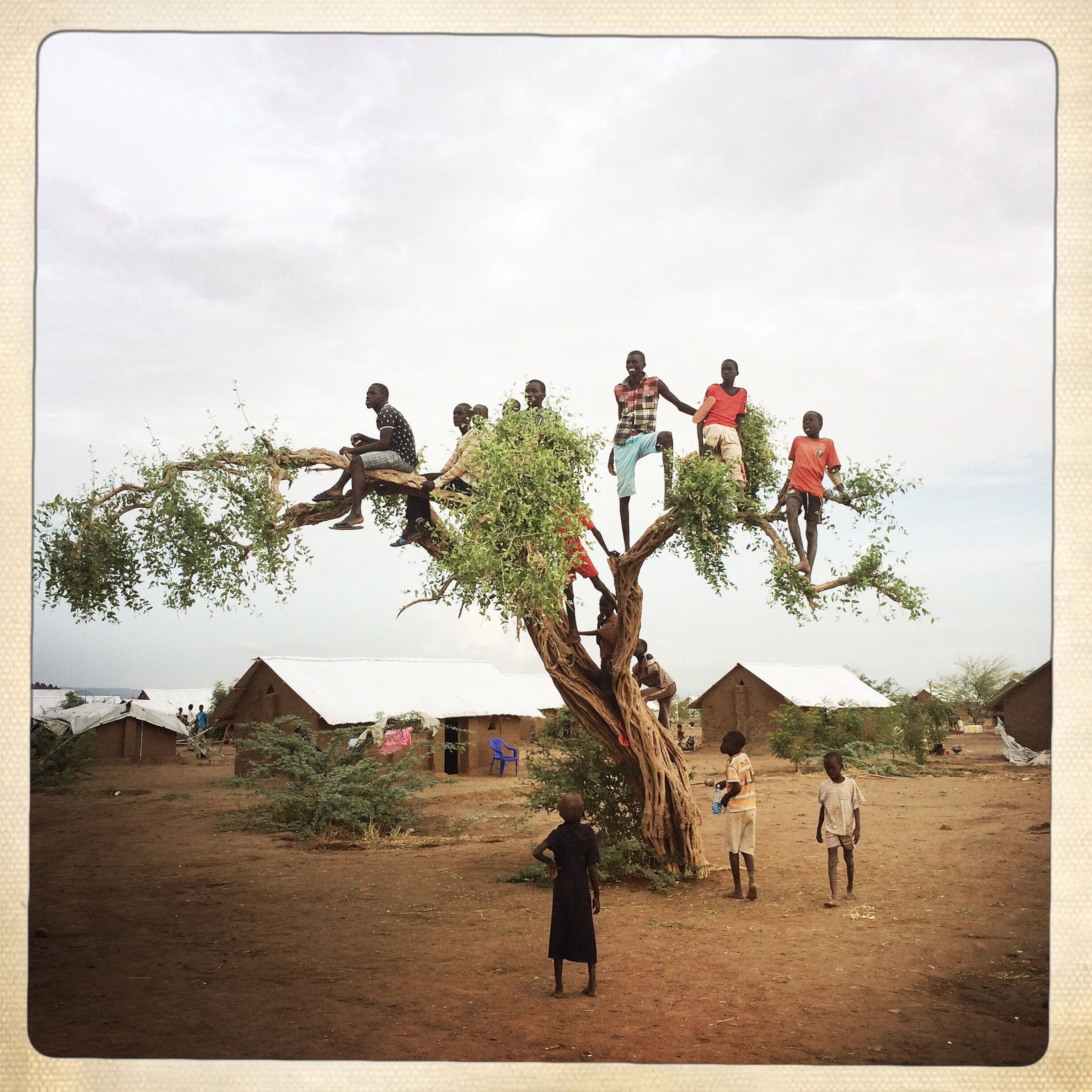 kids who found the best spot to see a football match in the Kakuma Refugee Camp