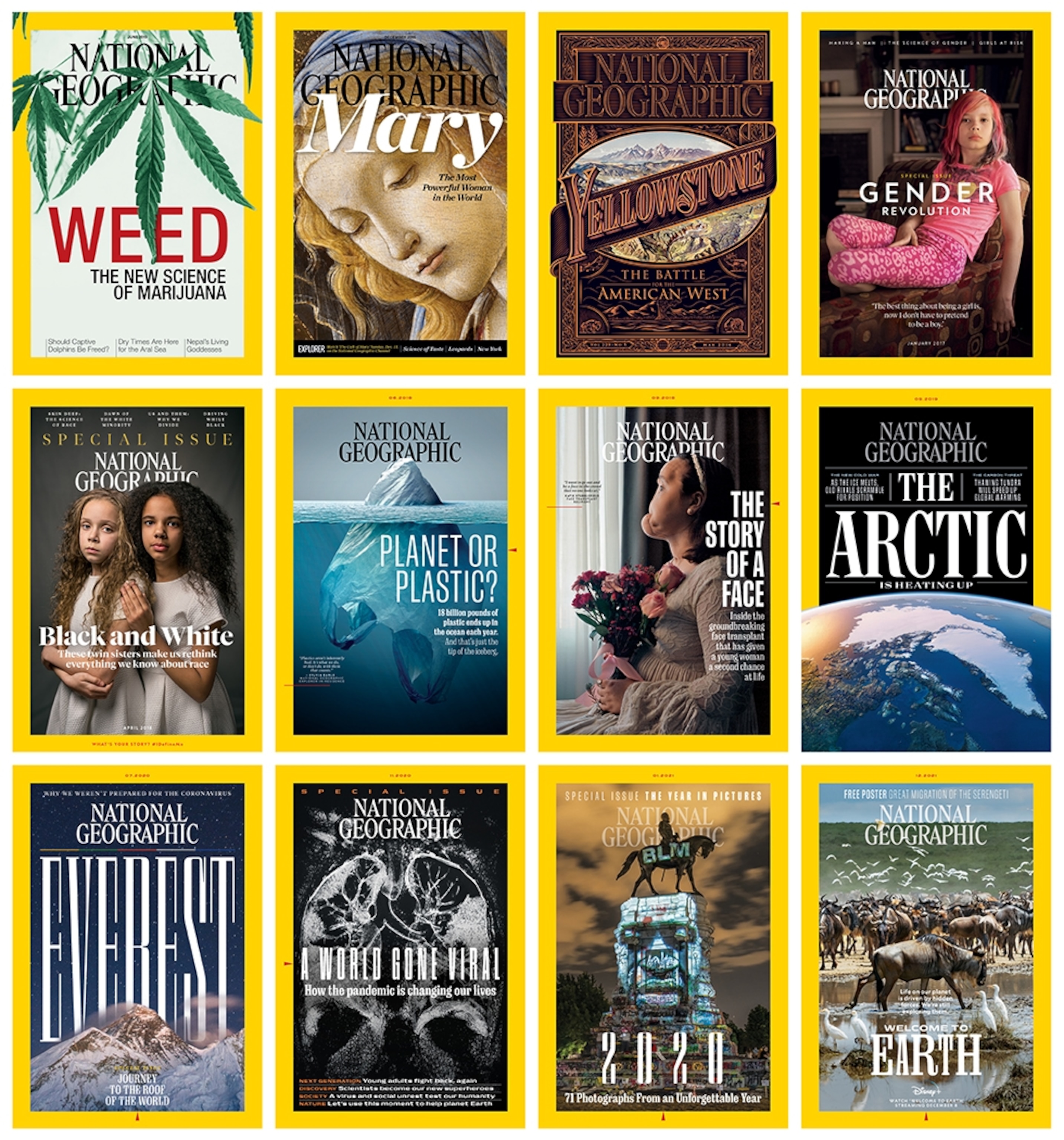 Picture of dozen magazine covers from different years on different subjects.