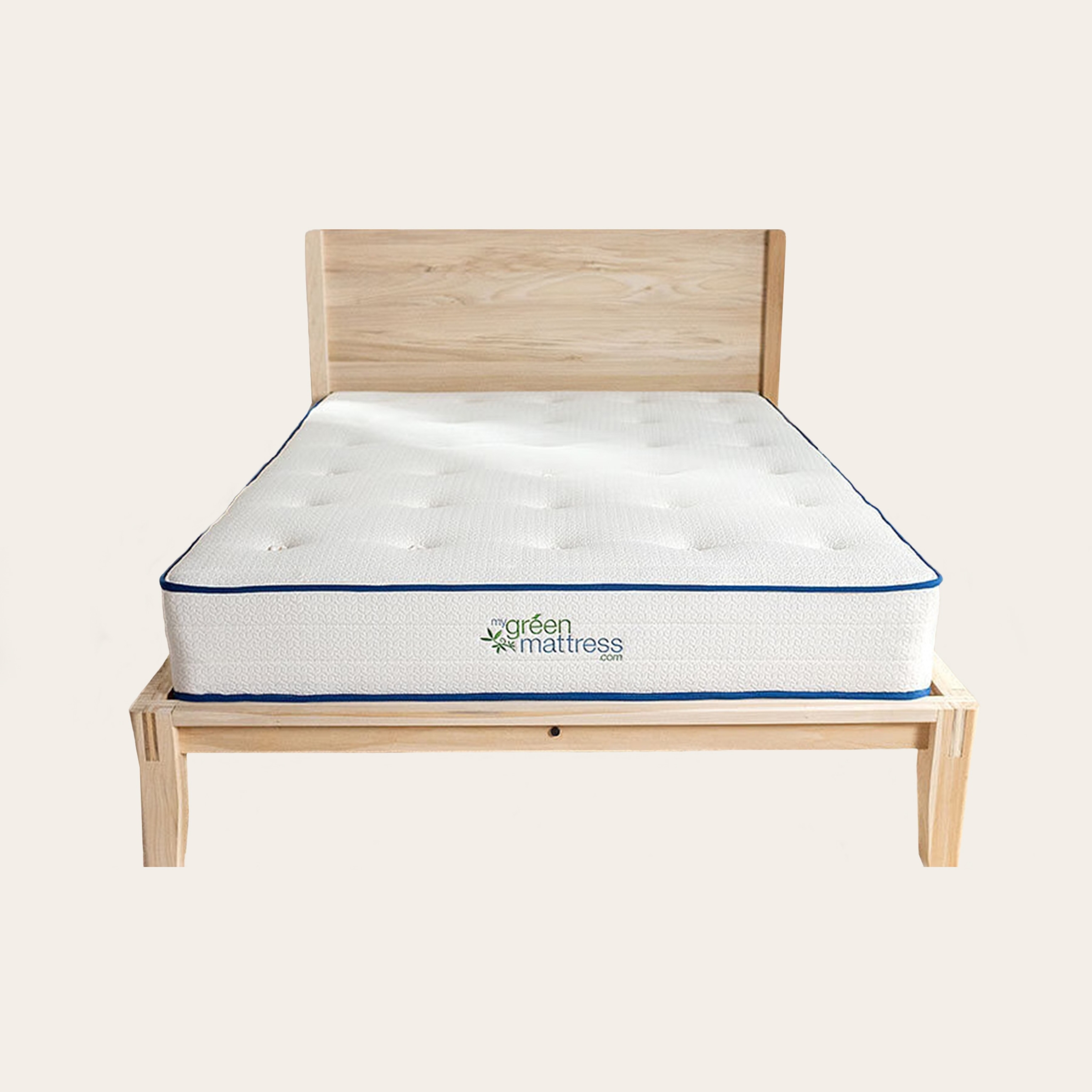 A light wood bed with an uncovered mattress, against a tan background.