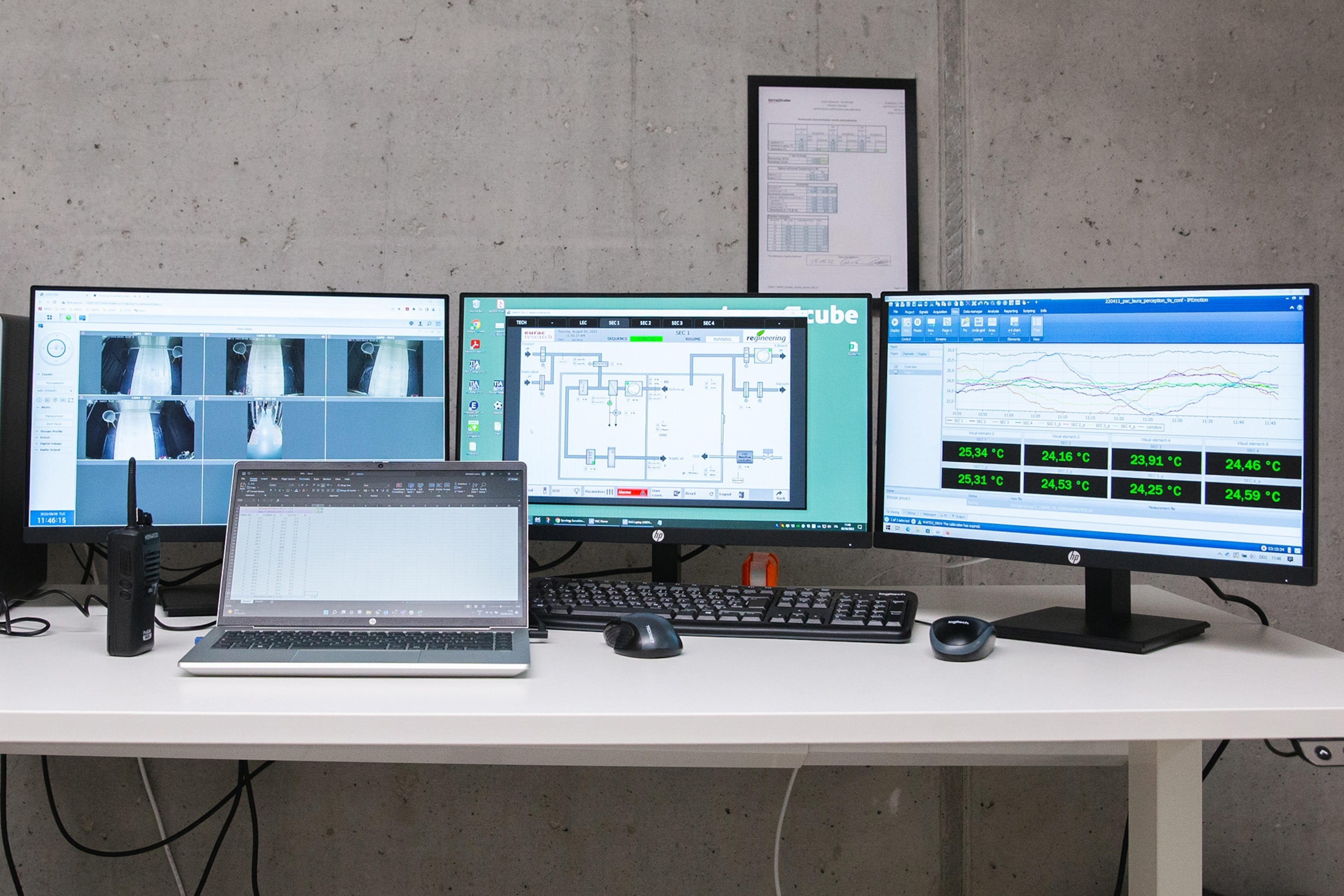 Screens displaying CCTV cameras in terraXcube’s thermal chambers, the maps of the chambers, the temperatures of the chambers, and the responses of the participants are seen in Bolzano, Italy.
