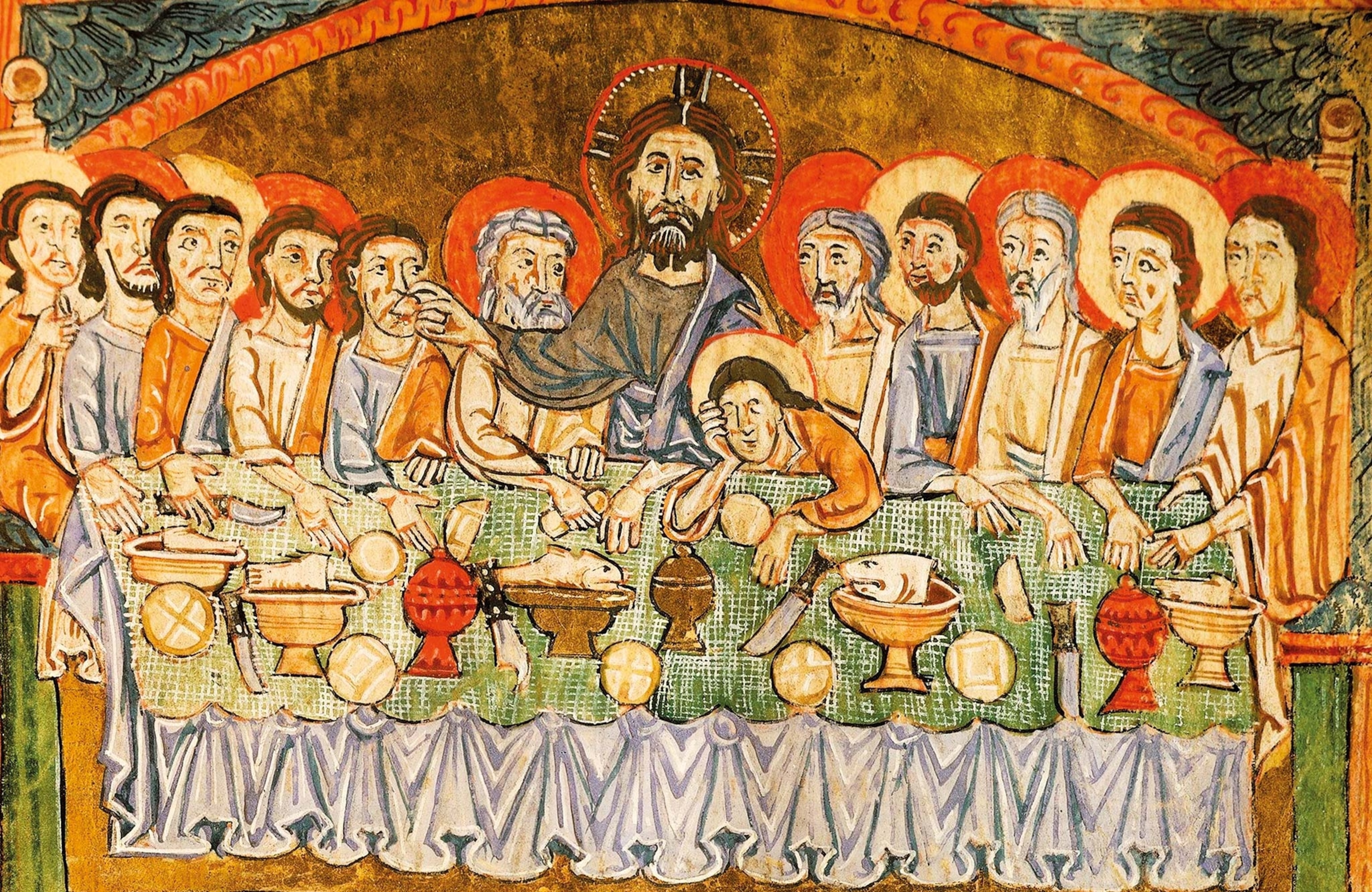 The Last Supper is shown in a 13th-century miniature from the Gospel of the Great Festivities