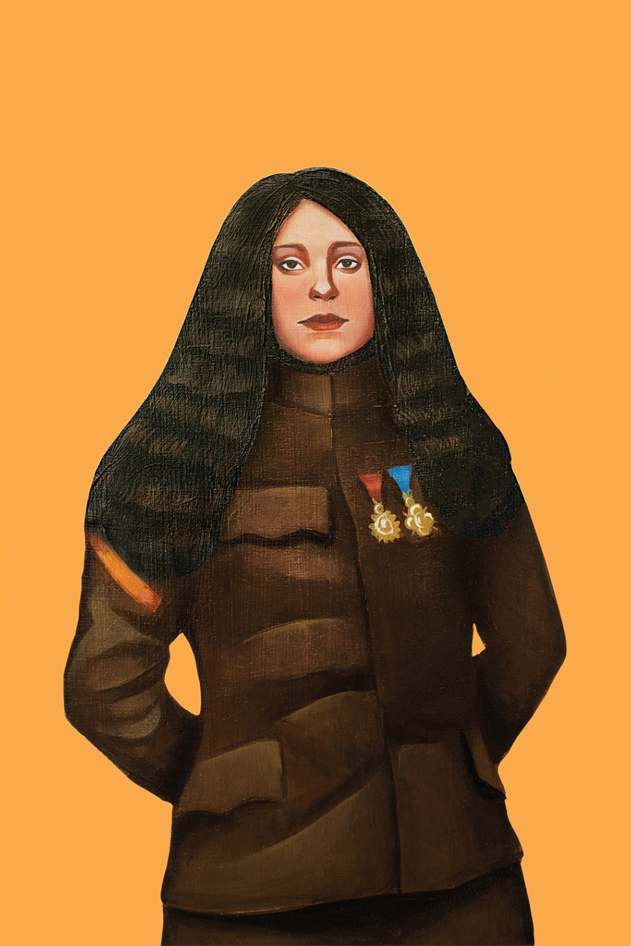 a Serbian woman with two medals on her brown jacket
