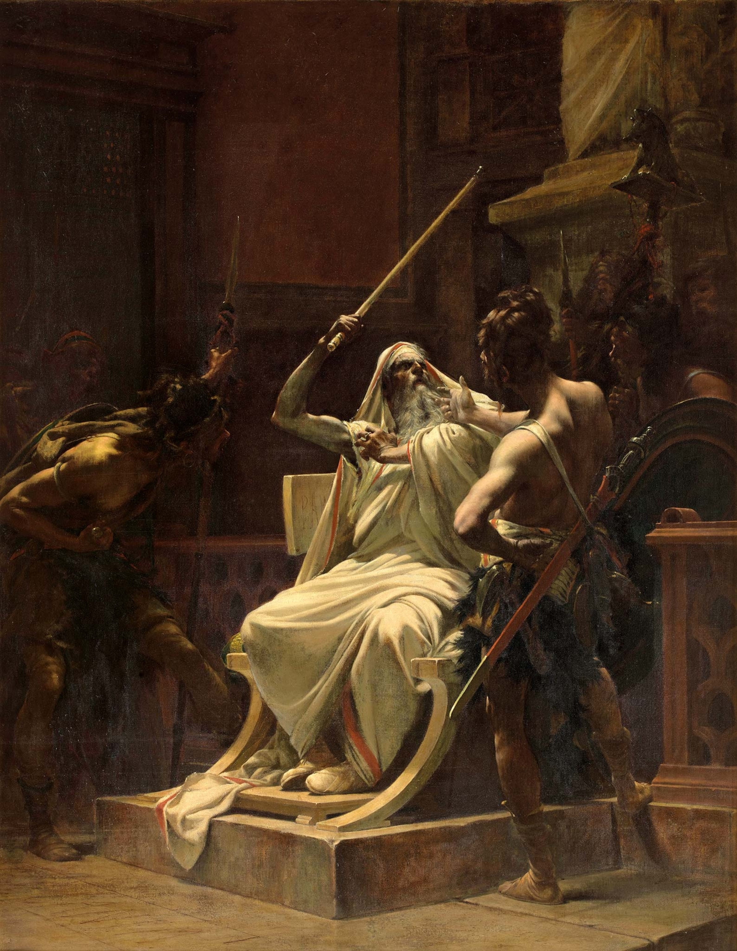 An old man in robes, sitting on a chair, strikes another man with his staff in a painting