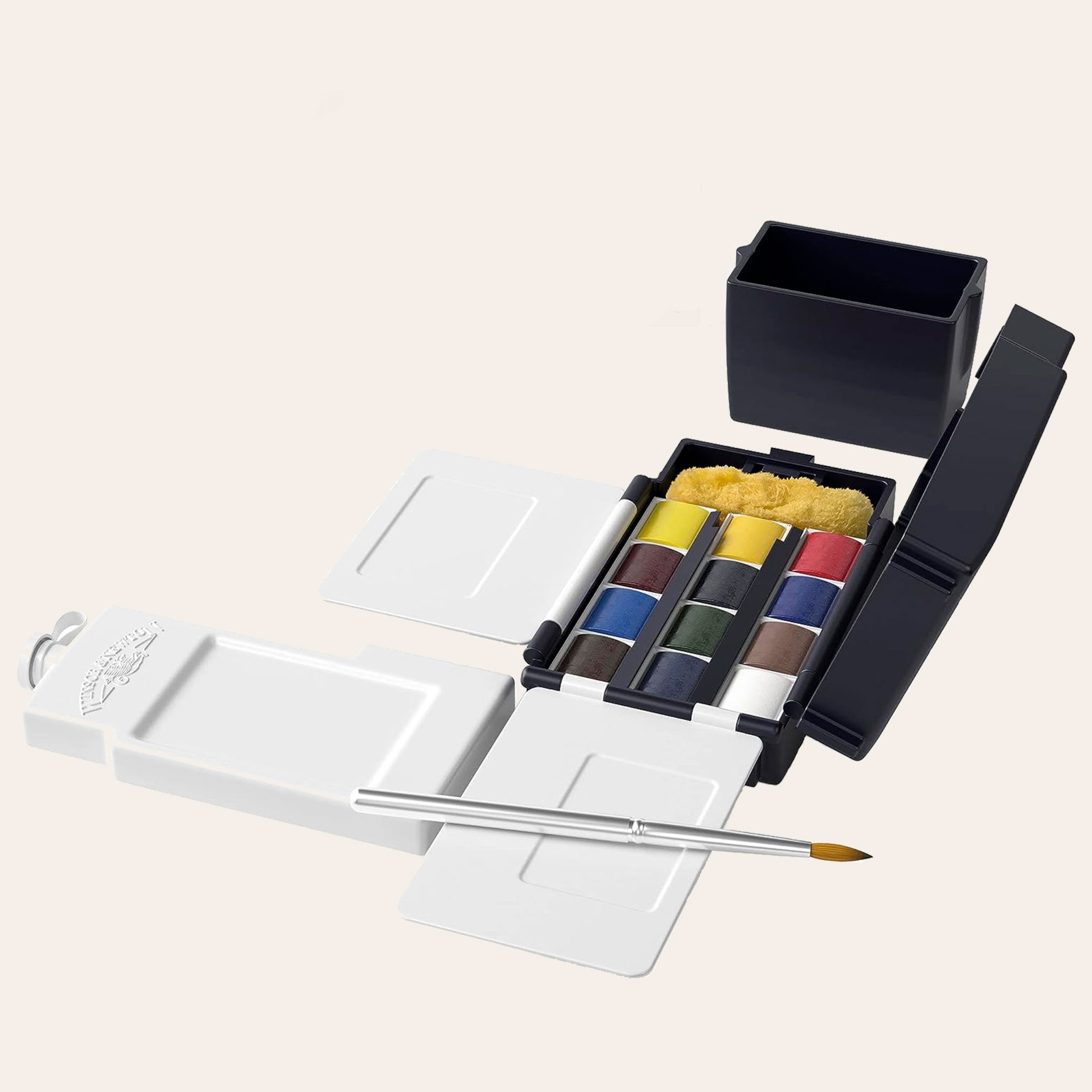 A white and plastic fold out box with 12 water color pants in squares