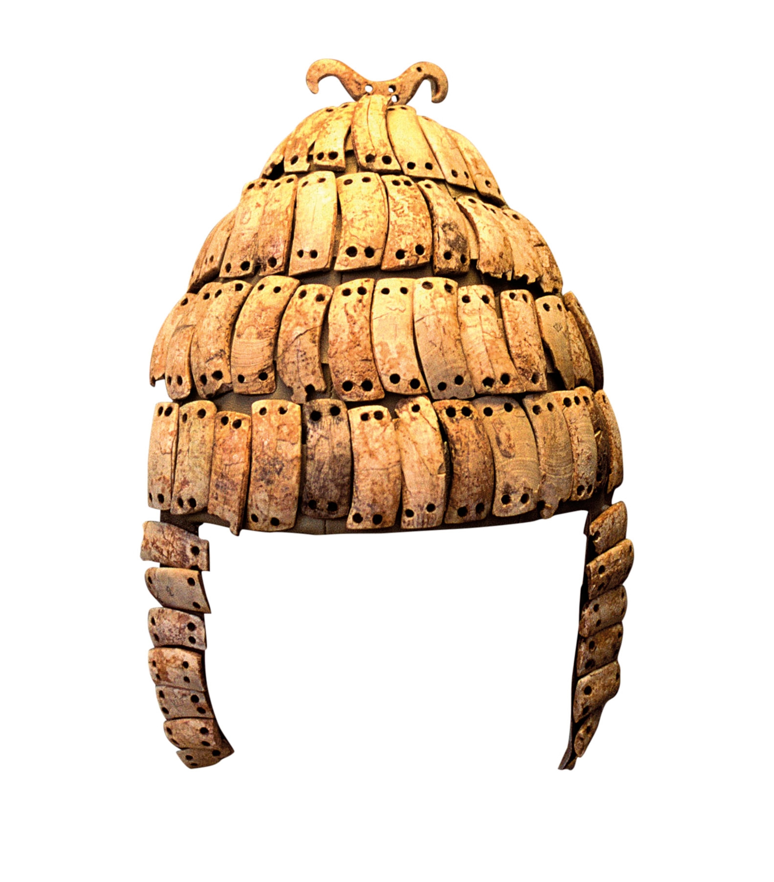 A helmet made of small squares tied together