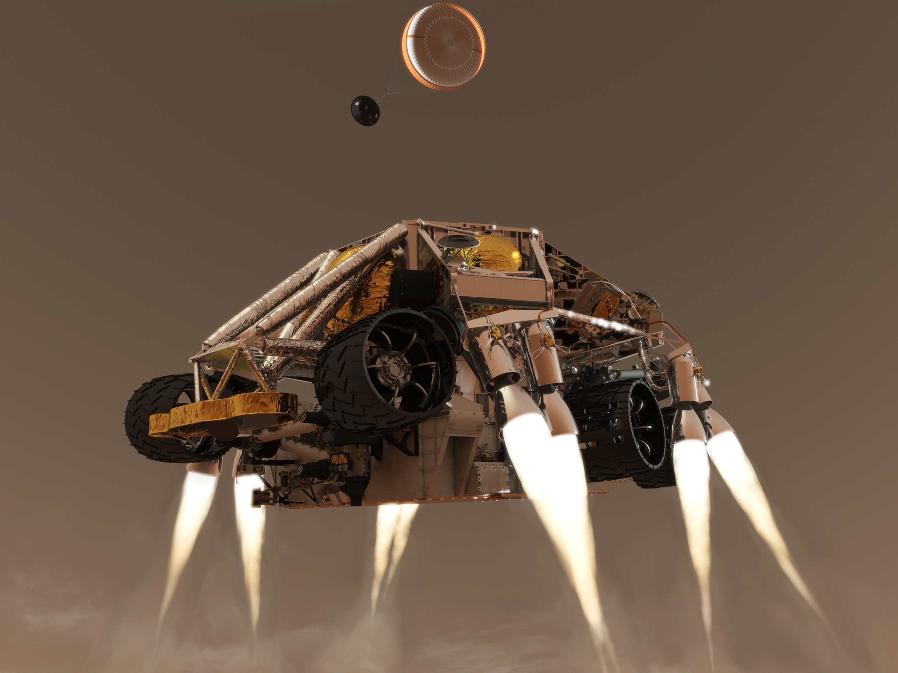 Mars rover landing picture: sky crane holds NASA's Curiosity (Mars Science Laboratory)
