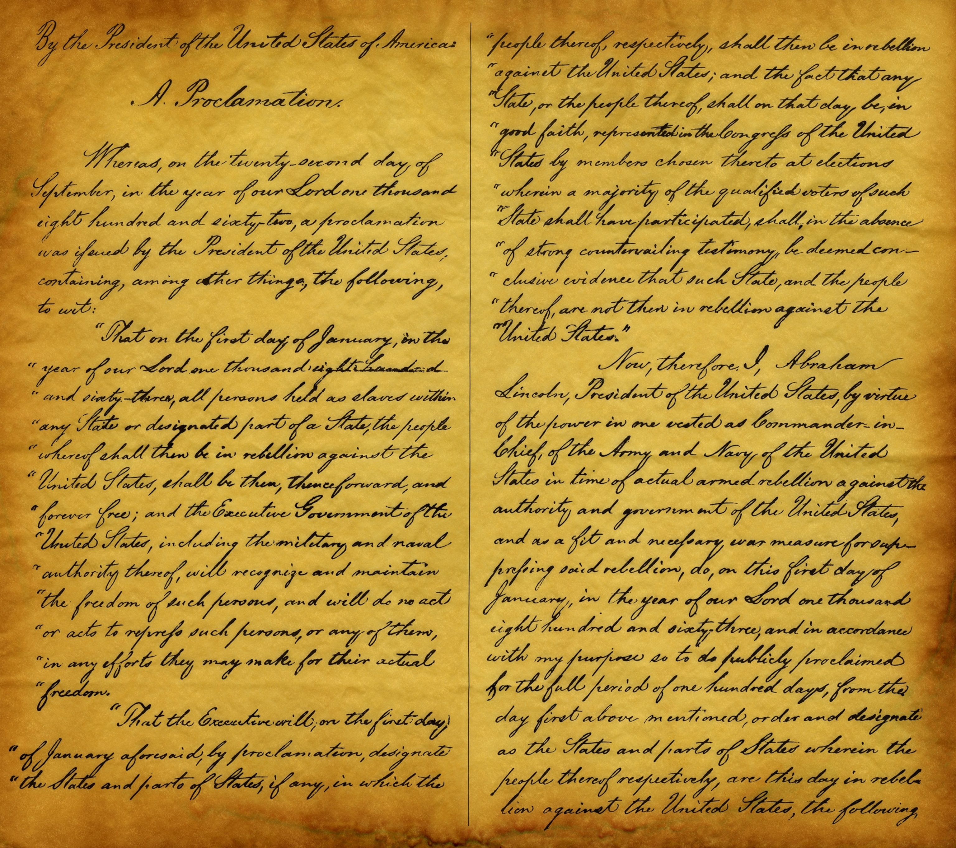 A parchment replica of page one of the Emancipation Proclamation which President Abraham Lincoln issued on January 1, 1863.