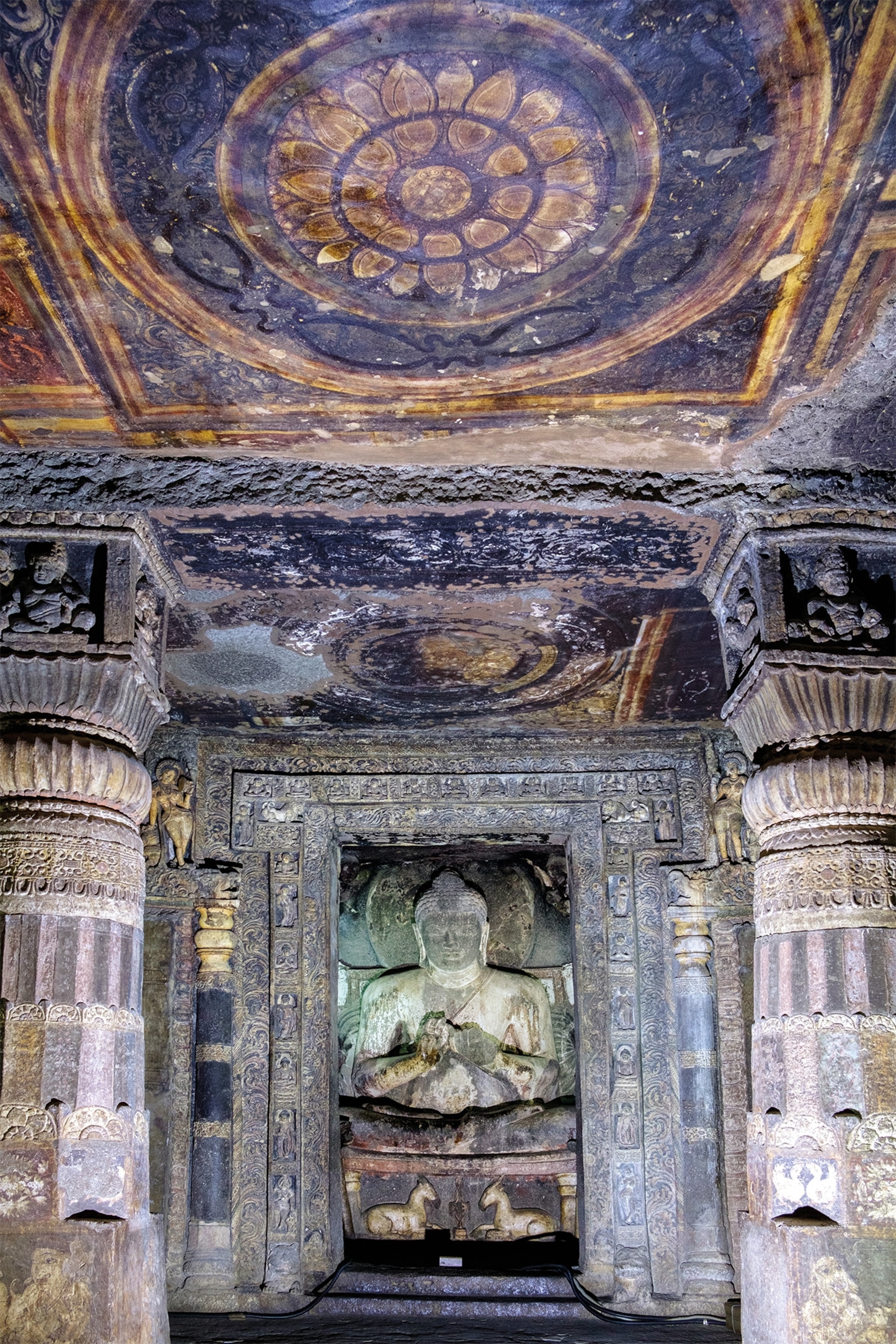 India’s Ajanta Caves contain some of the world’s oldest and most breathtaking Buddhist art, including carved shrines surrounded by beautiful paintings on the walls and ceilings.
