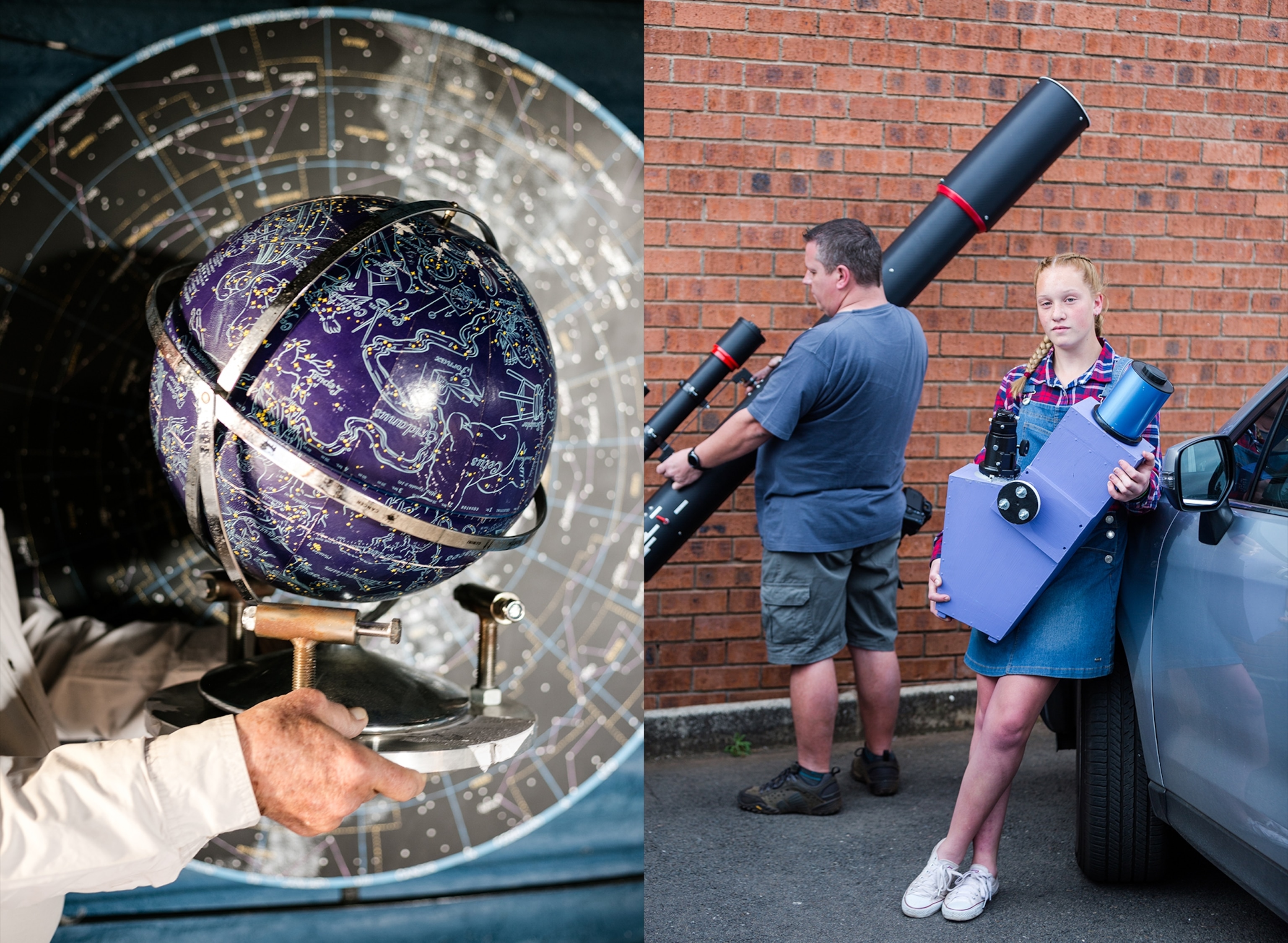 a globe and a father and daughter with telescopes.