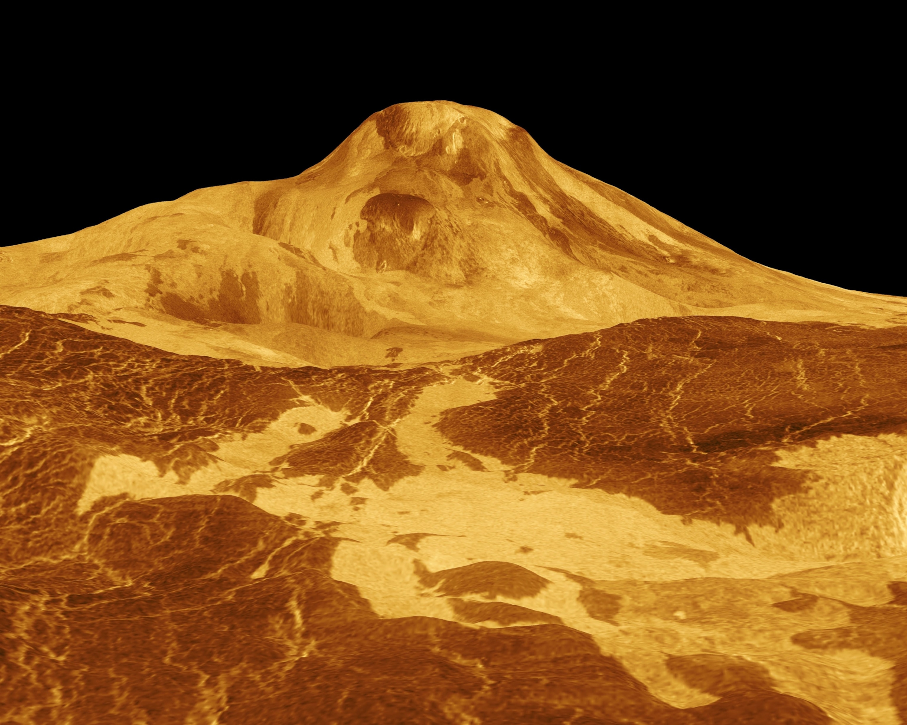 A 3-dimensional perspective view of the surface of Venus, as seen looking southward from north of Maat mons.