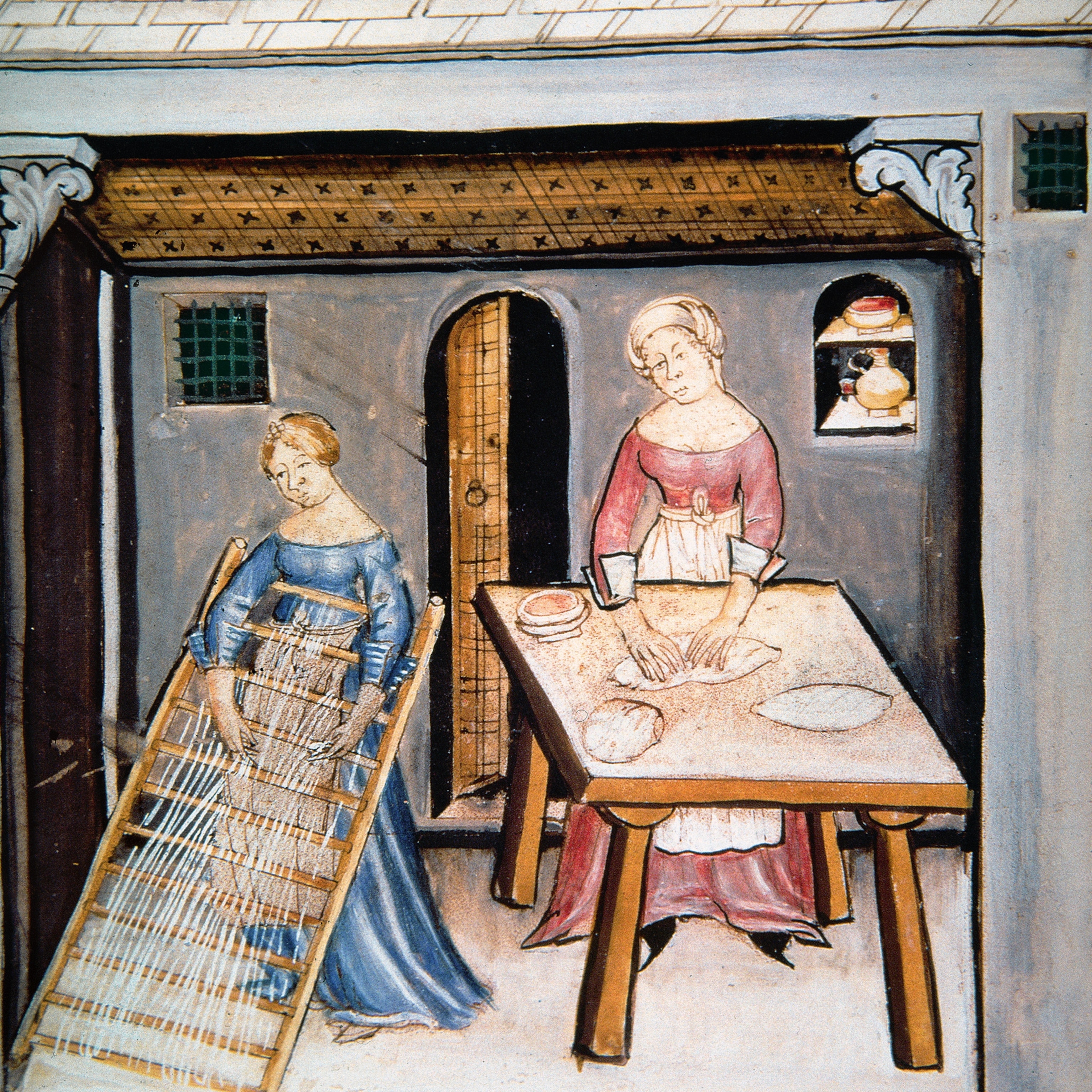 a 14th-century Italian miniature showing stages of pasta making